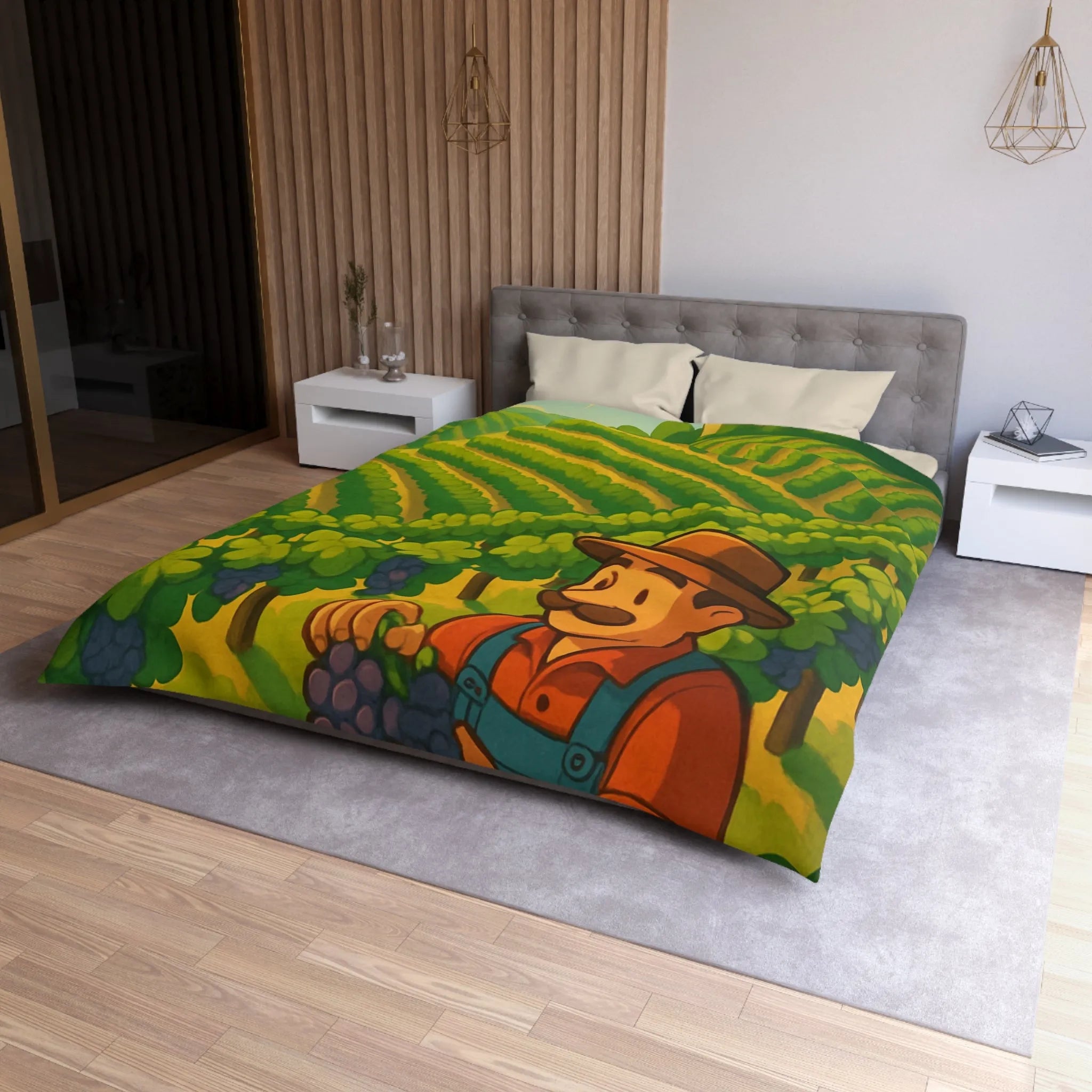 Housse de couette illustration de vendangeur dans un vignoble éclairé par soleil radieux