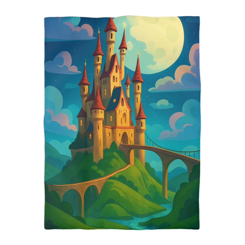 Housse de couette château féerique illuminé par la lune dans un paysage enchanteur nocturne
