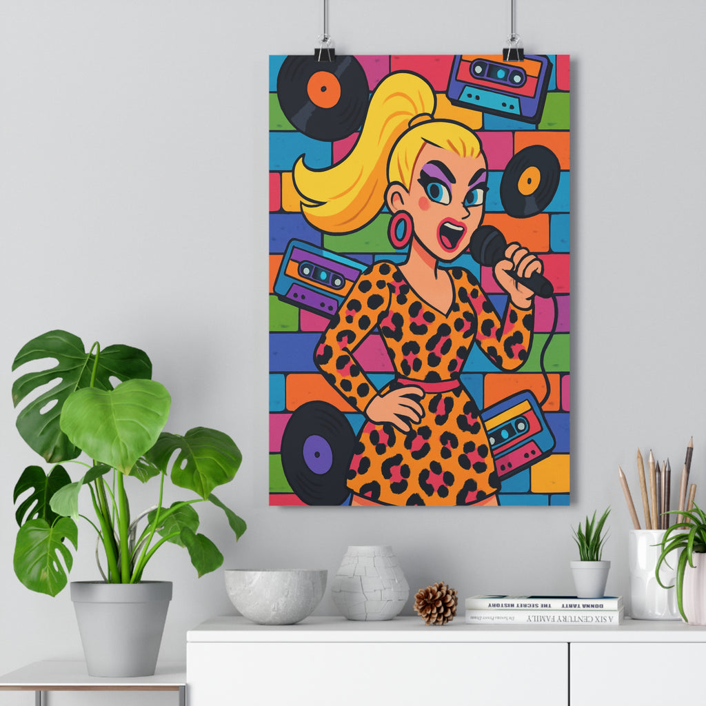 Poster décoratif chanteuse années 80 léopard microphone vinyle rétro coloré vibrant salon chambre tendance