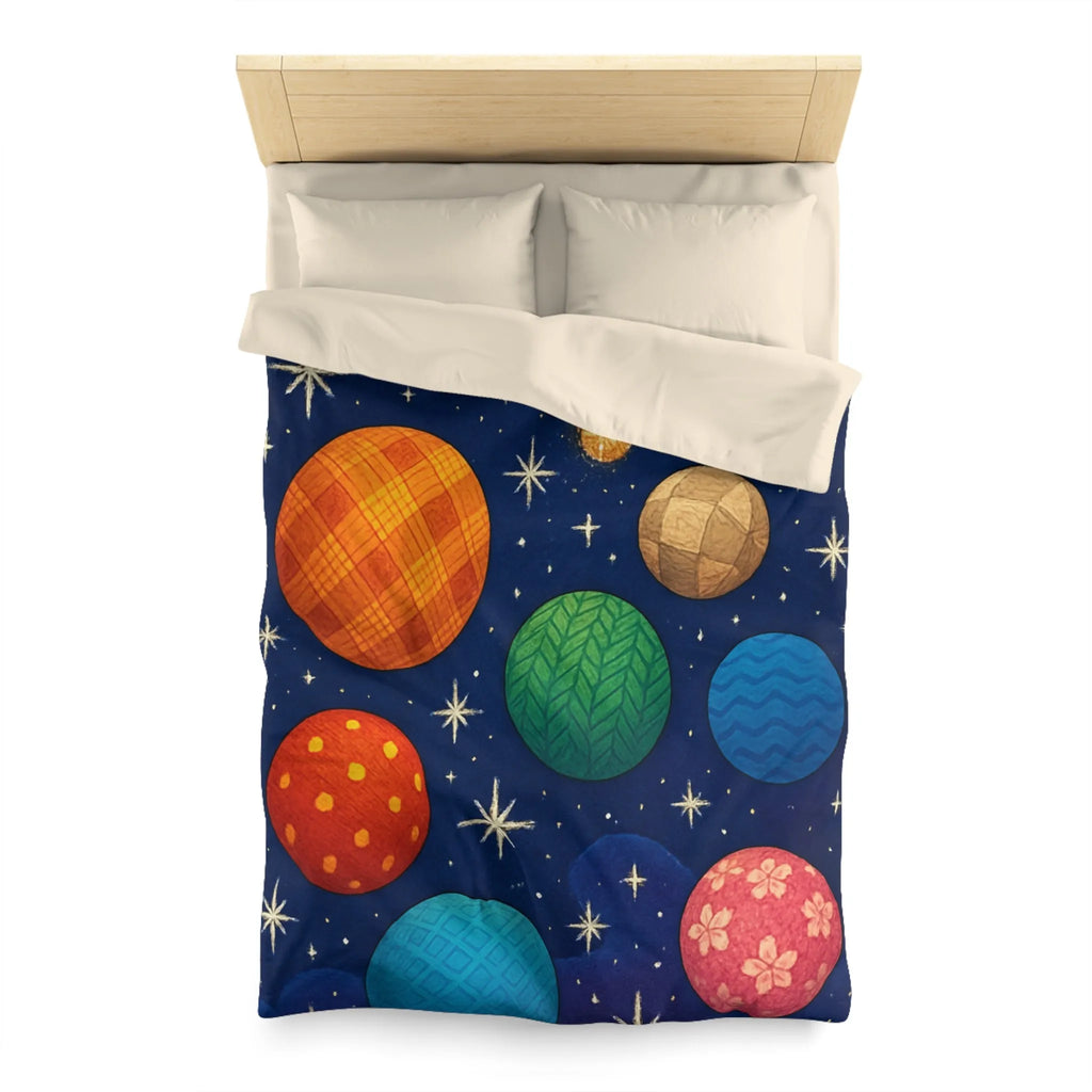Housse de couette colorée avec planètes texturées, étoiles brillantes et nébuleuse mystique