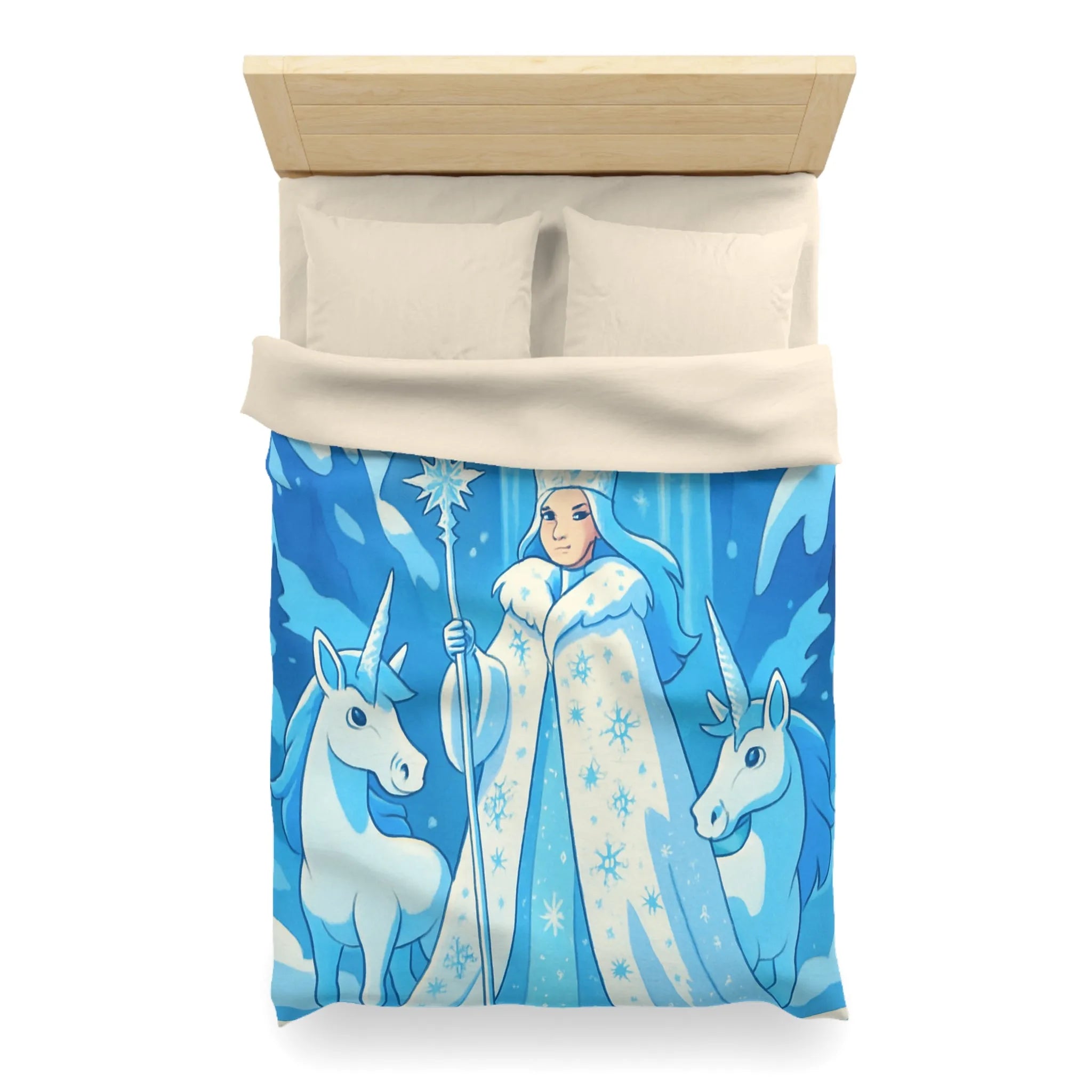 Housse de couette féerique avec reine des neiges, licornes et cascade magique