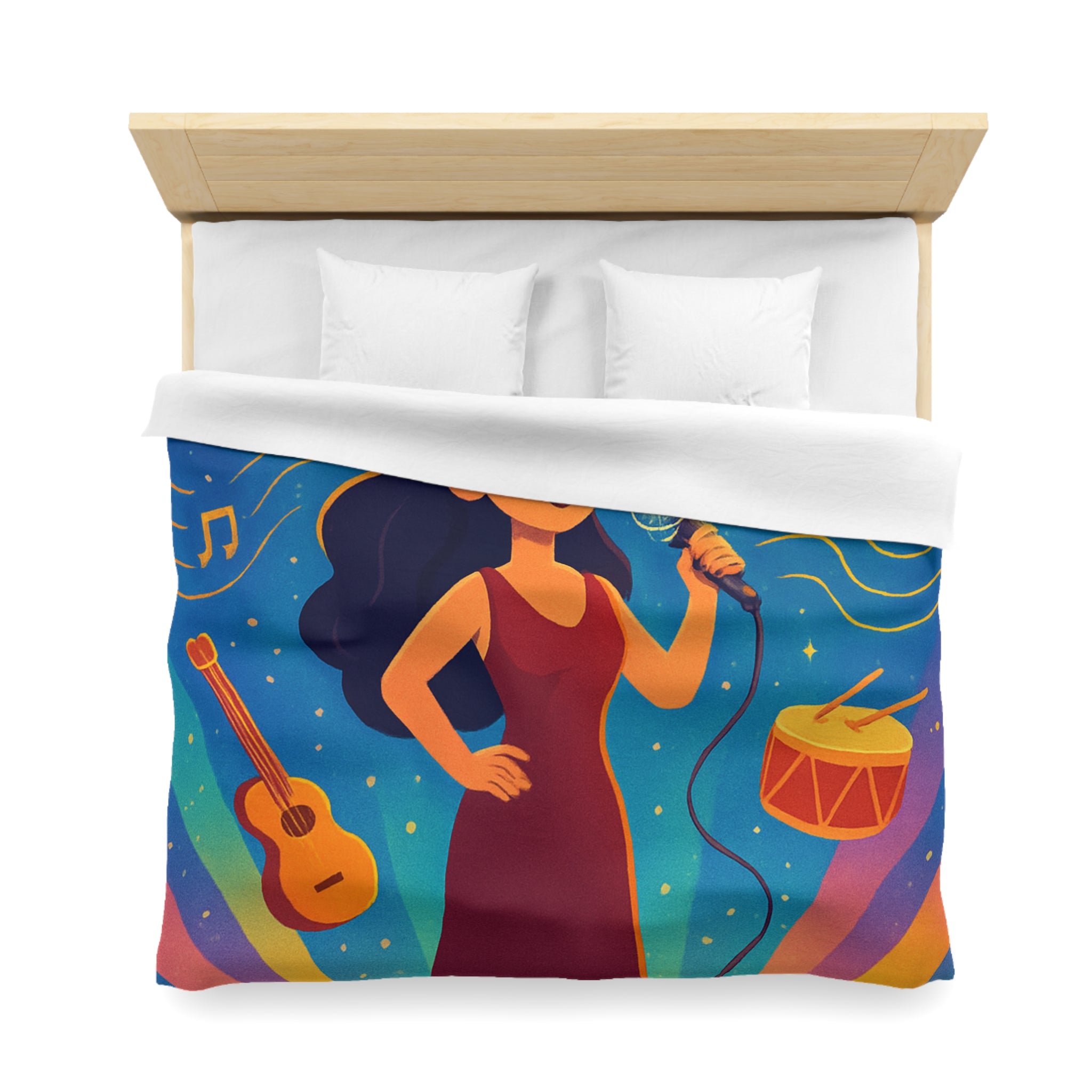 Housse de couette vibrante avec scène musicale, chanteuse et instruments illustrés colorés
