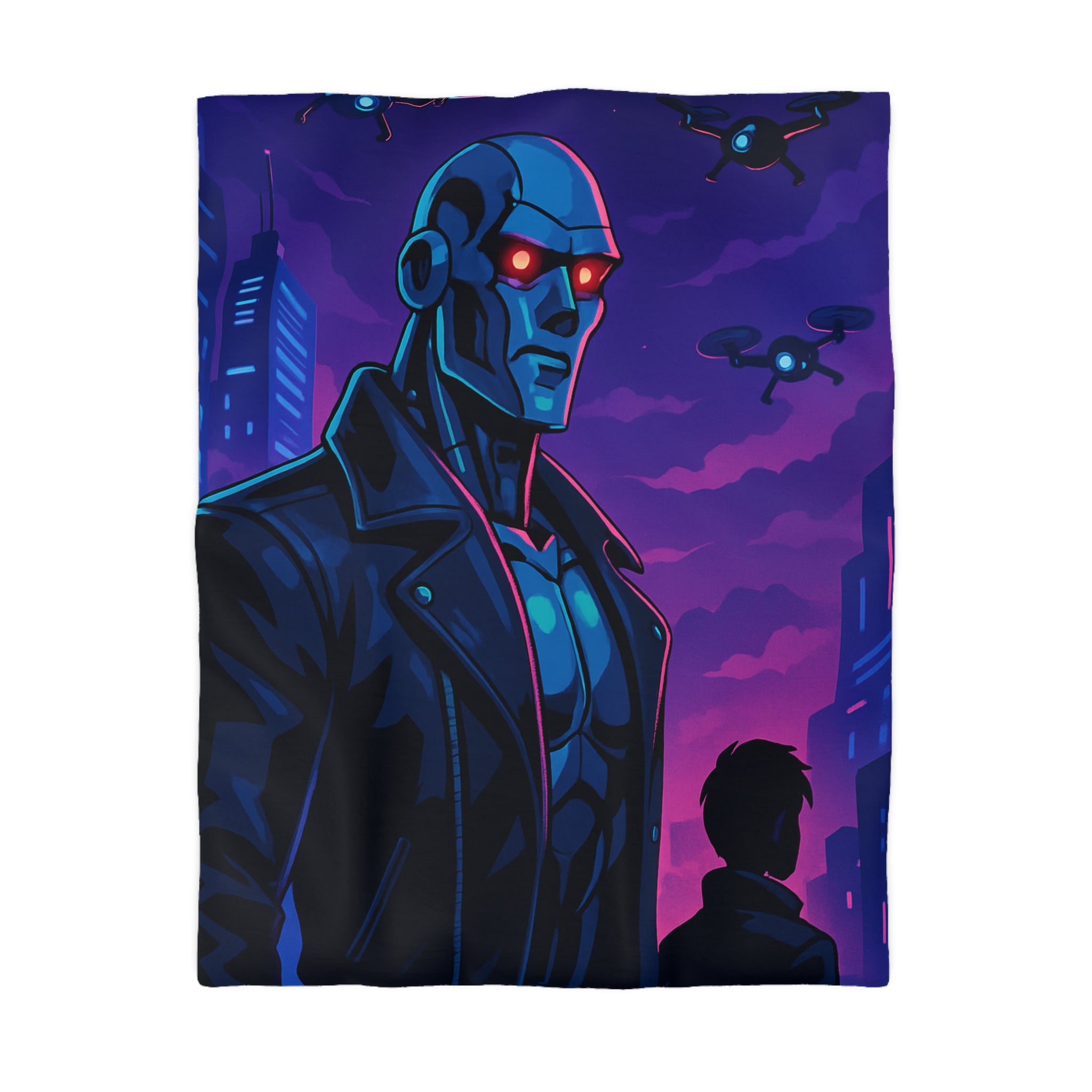 Housse de couette style néon avec robot futuriste et drones en ville de nuit