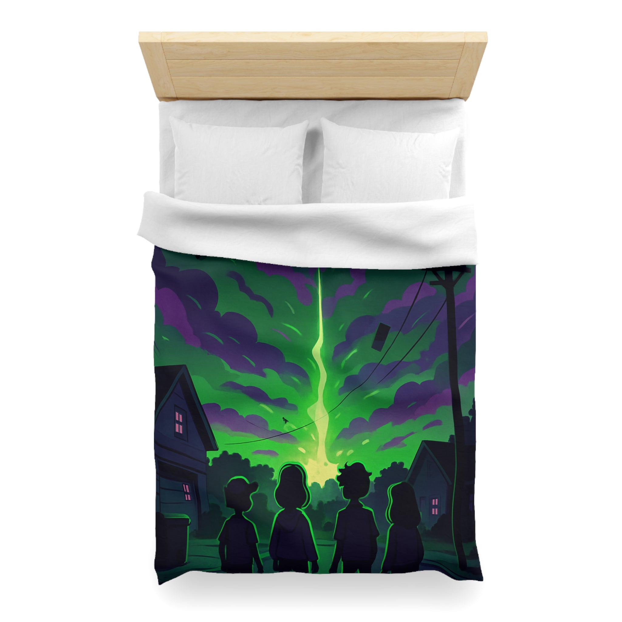 Housse de couette pour chambre avec ciel nocturne mystérieux et silhouettes d'enfants