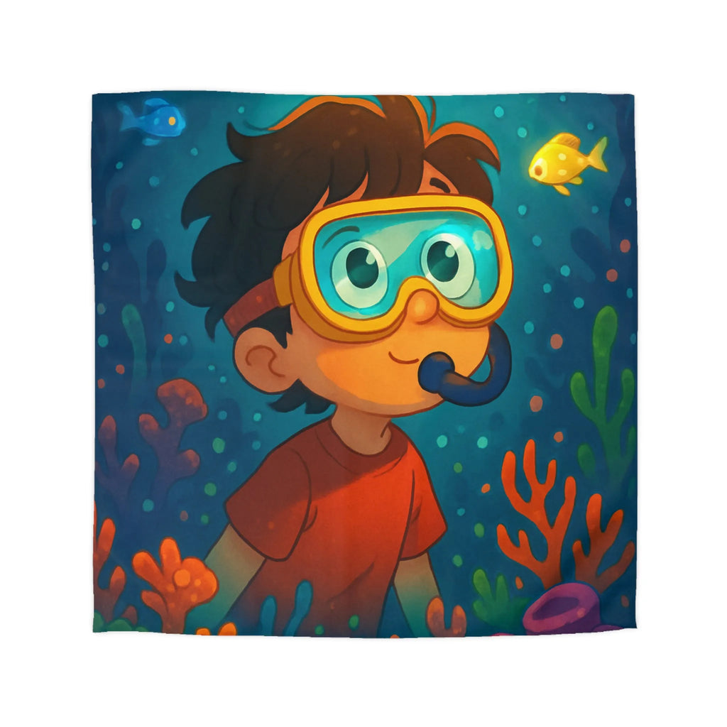 Housse de couette enfantine avec motif sous-marin coloré poisson et garçon plongeur dessiné