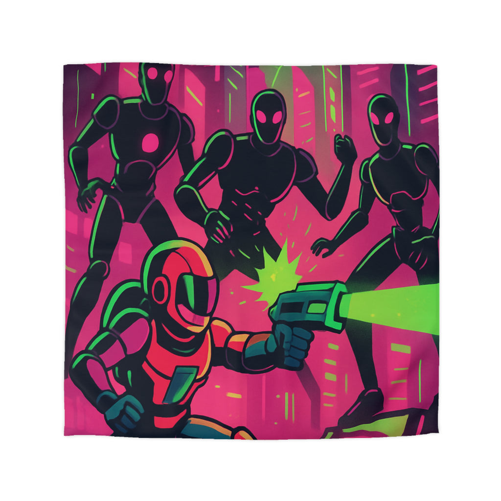 Housse de couette néon futuriste avec combat spatial, designs vifs rétro et cyberpunk