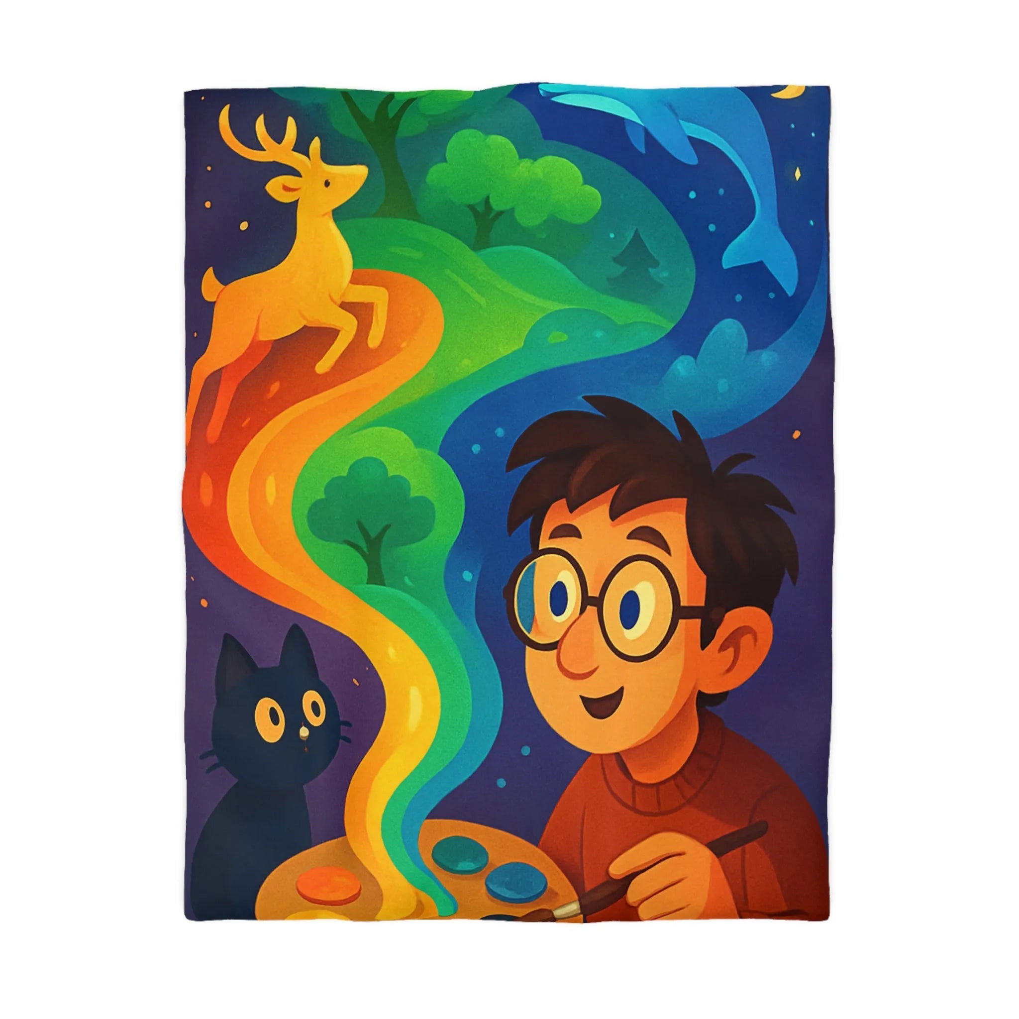Housse de couette colorée illustrée avec artiste, palette et animaux fantastiques