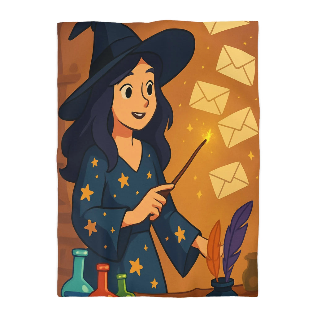 Housse de couette magique avec apprentie sorcière, quill et enveloppes flottantes animées