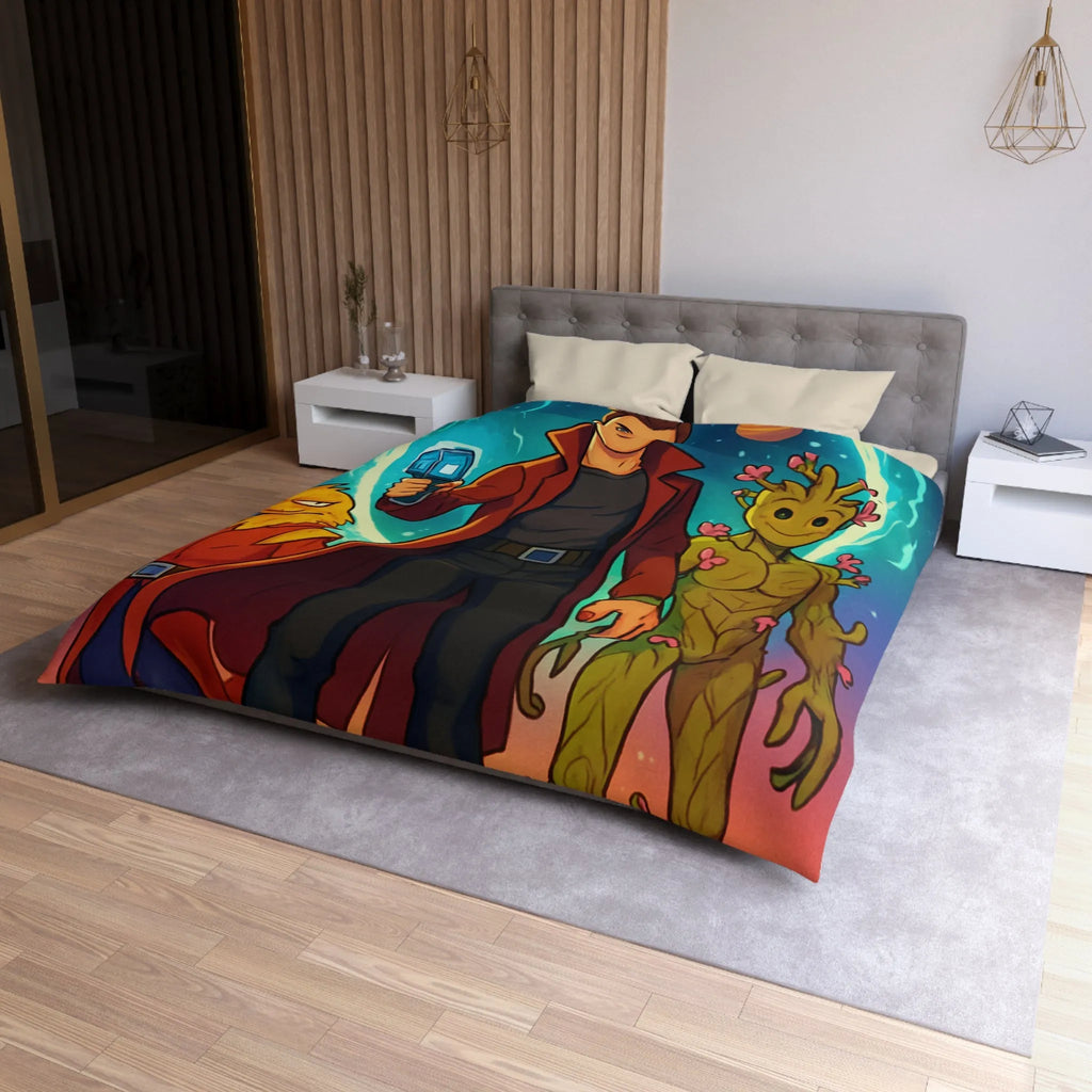 Housse de couette espace avec personnages héroïques colorés et univers rétro futuriste