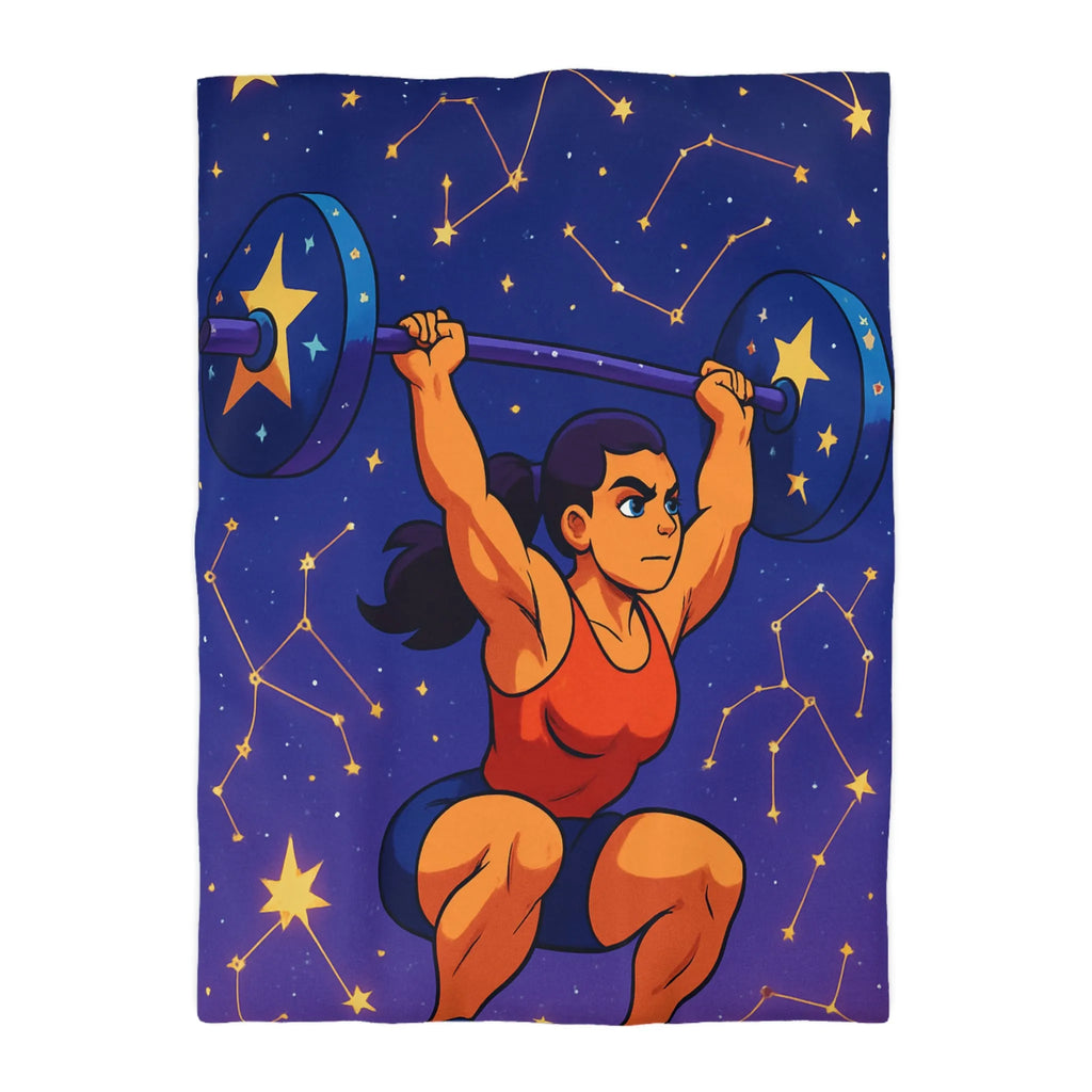 Housse de Couette Athlétique Femme Soulevant Poids Sous Ciel Étoilé et Constellations