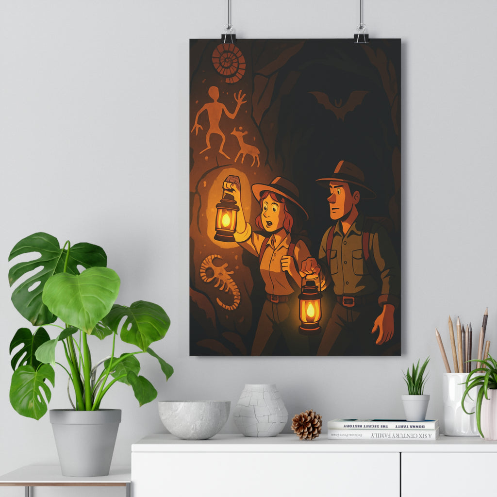 Poster décoratif noir blanc aventure cartoon mystérieux explorateurs grotte chambre salon captivant unique ambiance