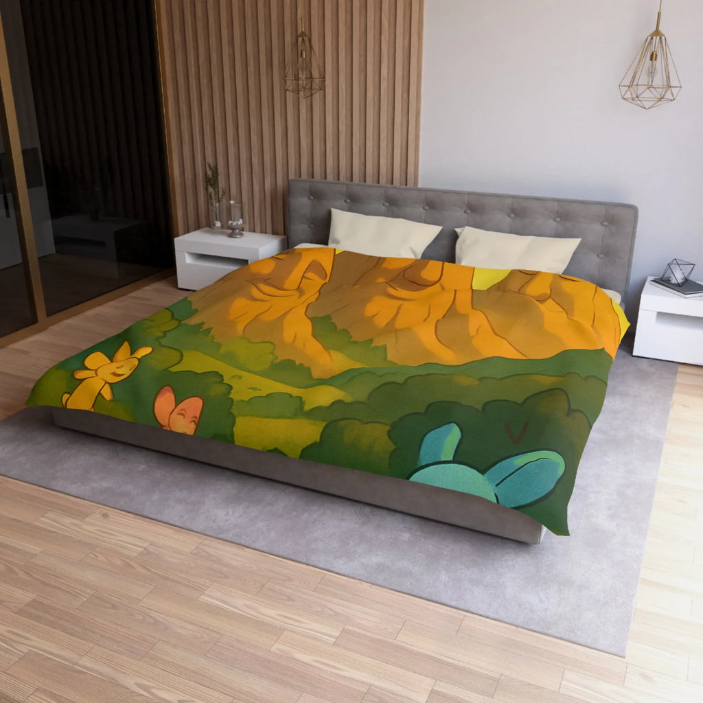 Housse de couette enfantine avec créatures en forêt sous montagnes souriantes au coucher de soleil