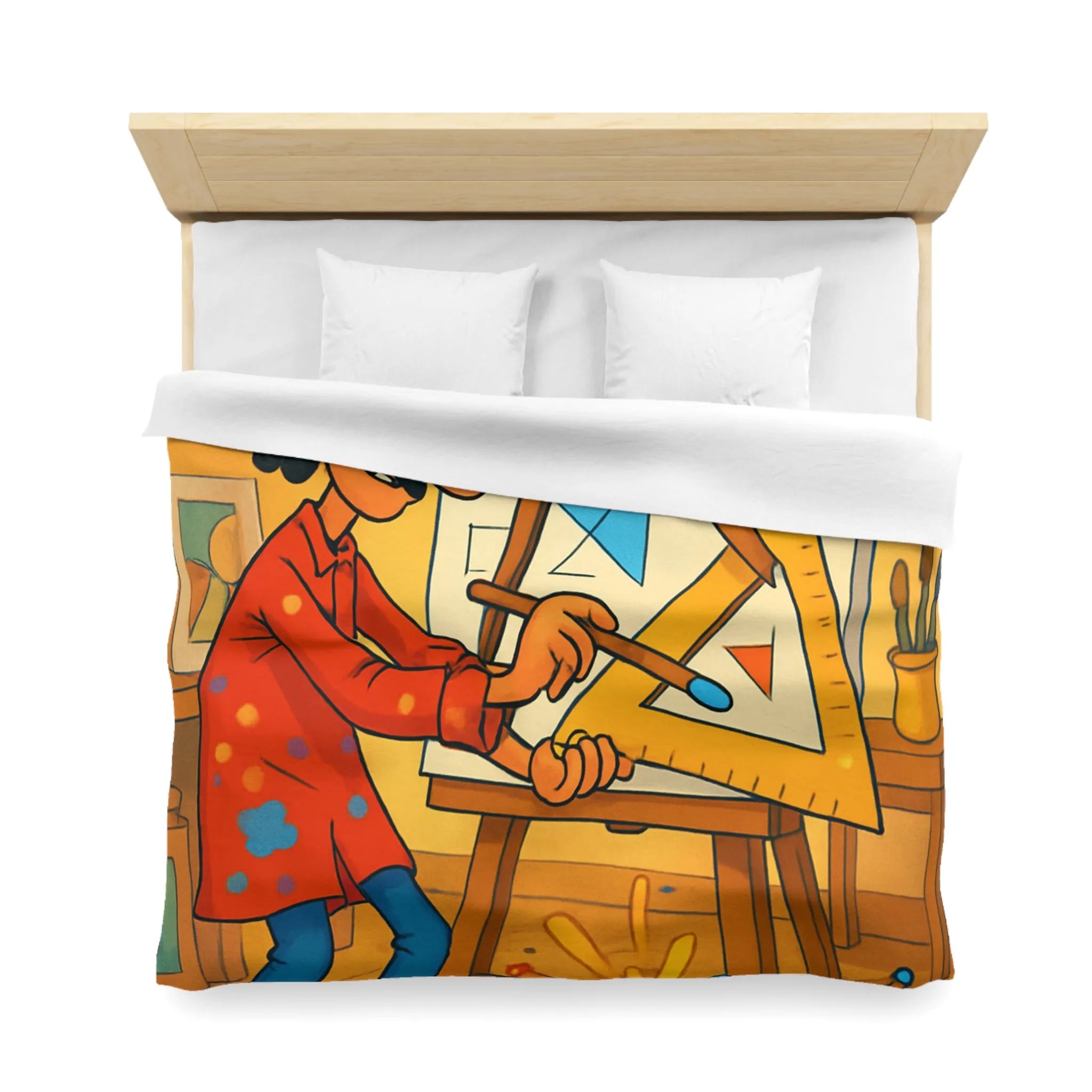 Housse de couette artistique avec motif géométrique et artiste cartoon en atelier coloré