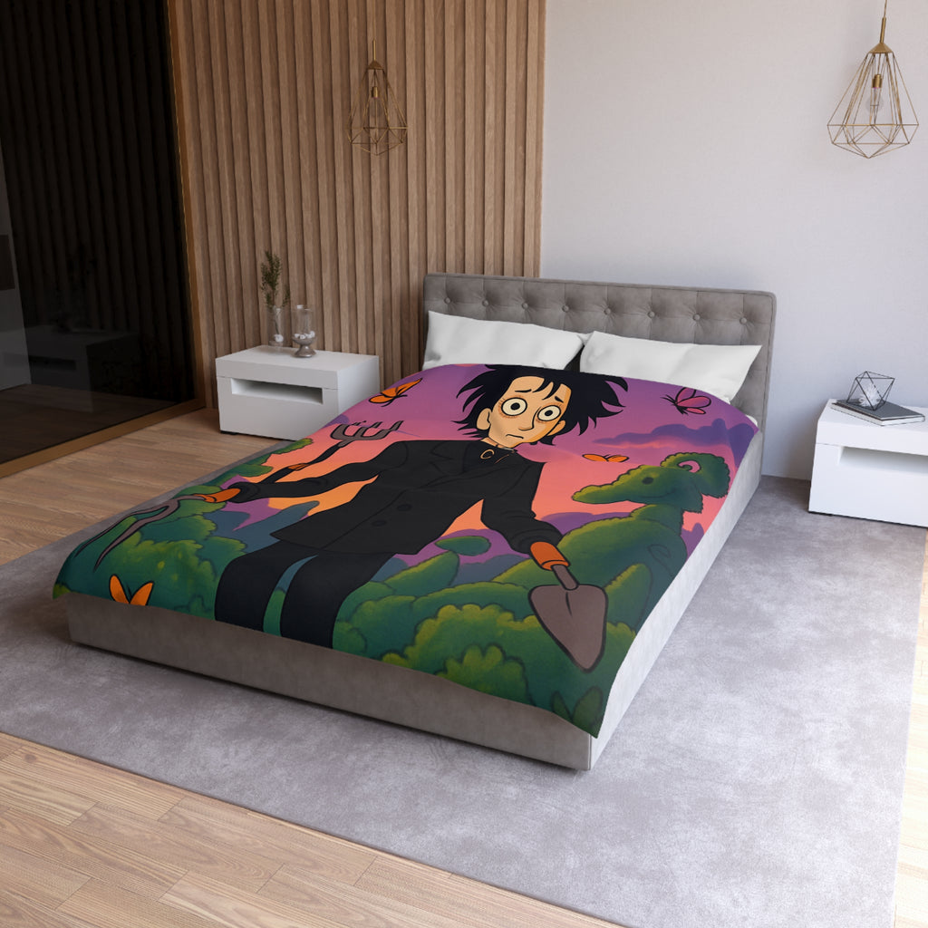 Housse de couette stylée avec personnage rêveur, jardin magique et papillons colorés