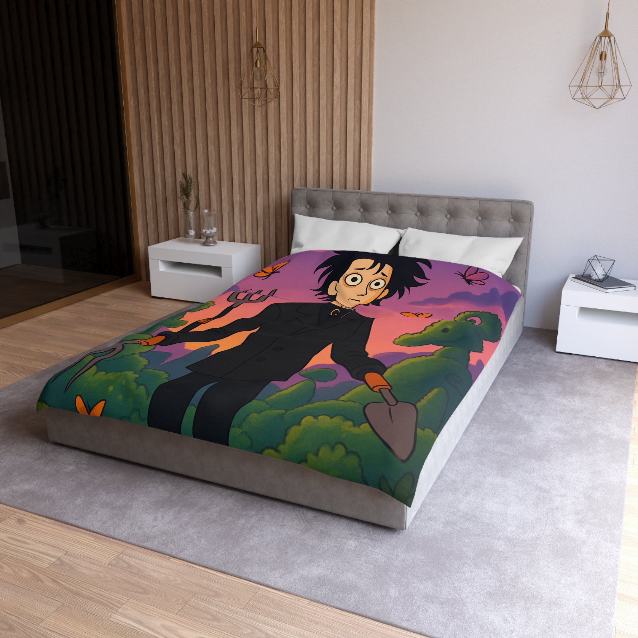 Housse de couette stylée avec personnage rêveur, jardin magique et papillons colorés