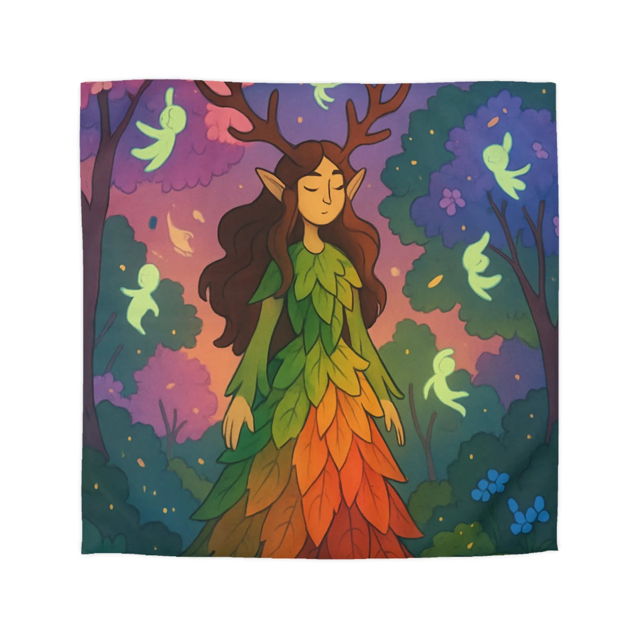 Housse de couette féerique forêt avec créatures lumineuses, design feuilles arc-en-ciel enchanteur