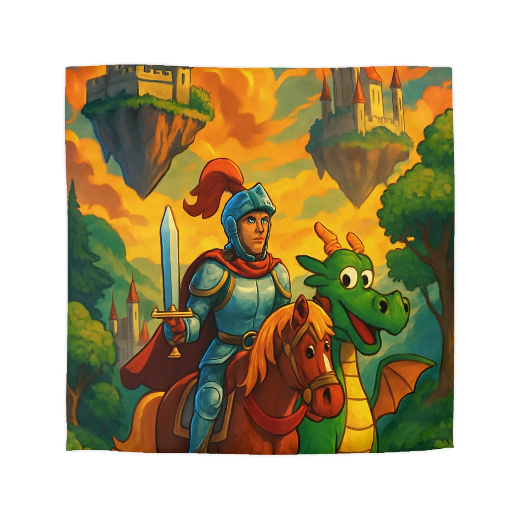 Housse de couette médiévale colorée avec chevalier, dragon et châteaux flottants fantastiques
