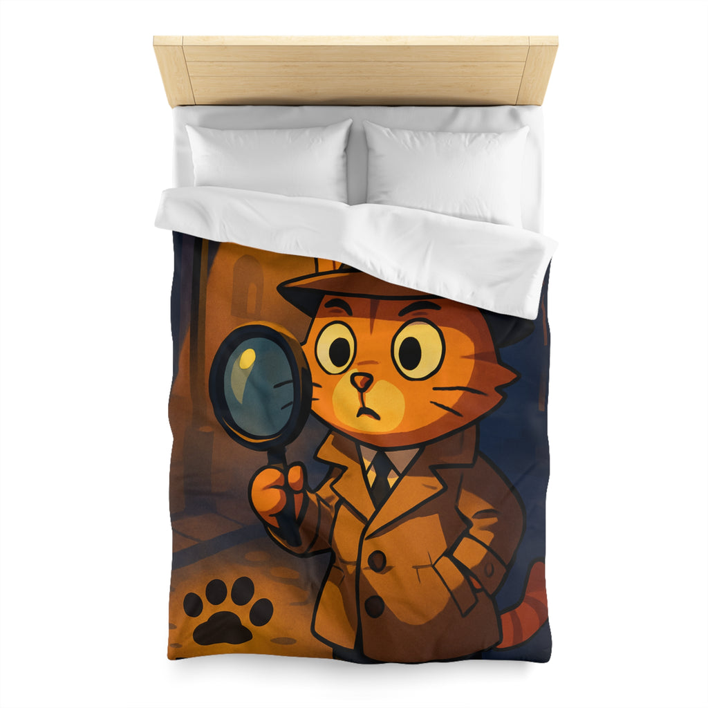 Housse de couette motif chat détective illustré avec lampe et empreinte mystérieuse