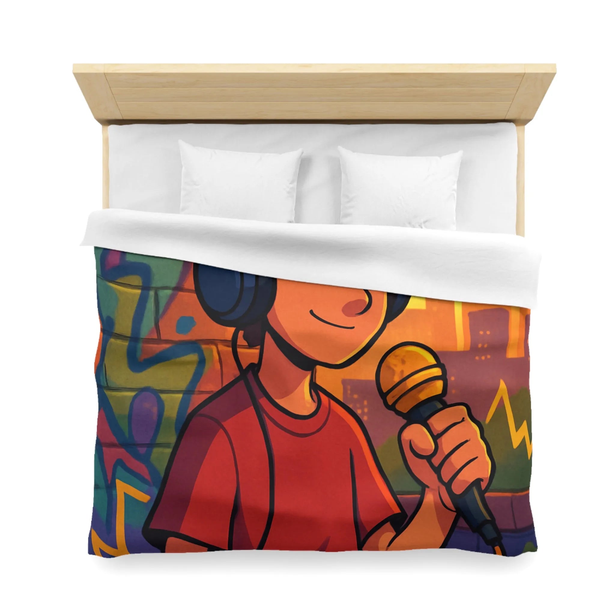 Housse de couette graphique urbaine avec chanteur et microphone sur fond coloré