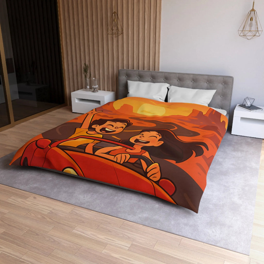 Aventure en voiture rouge dans un désert ensoleillé avec couple et aigle volant