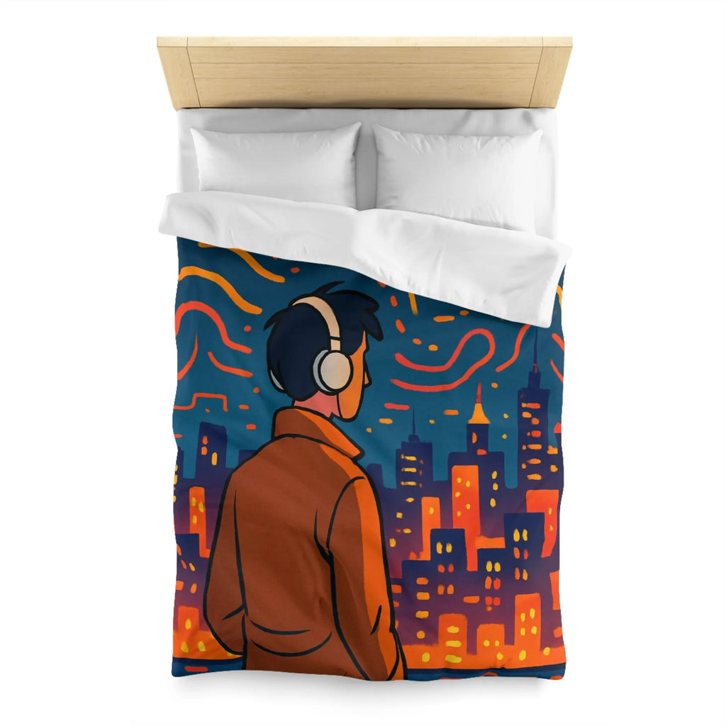 Housse de Couette avec Design Jeune Homme devant Ville Illuminée et Ciel Étoilé