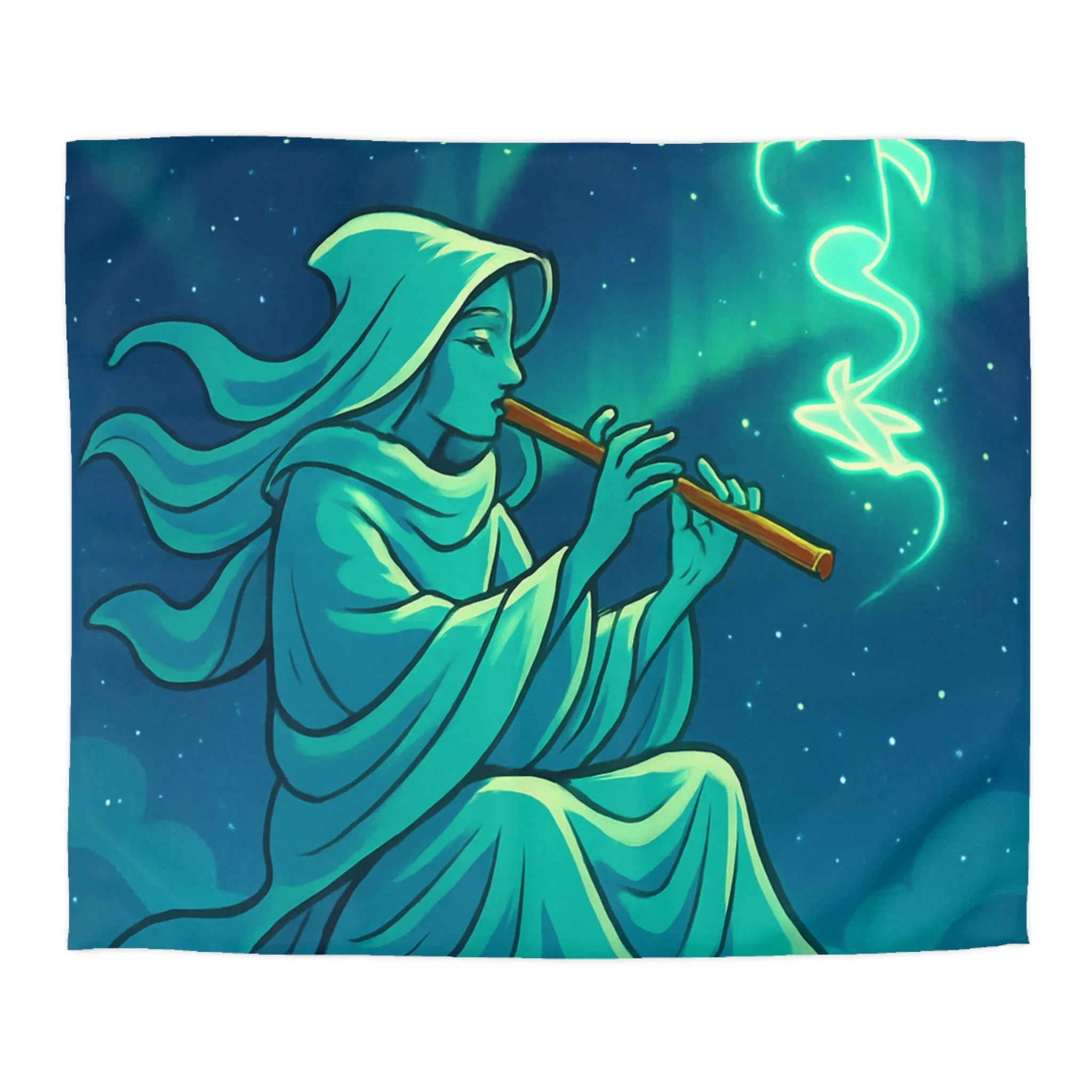 Housse de couette magique avec joueur de flûte créant des formes lumineuses célestes