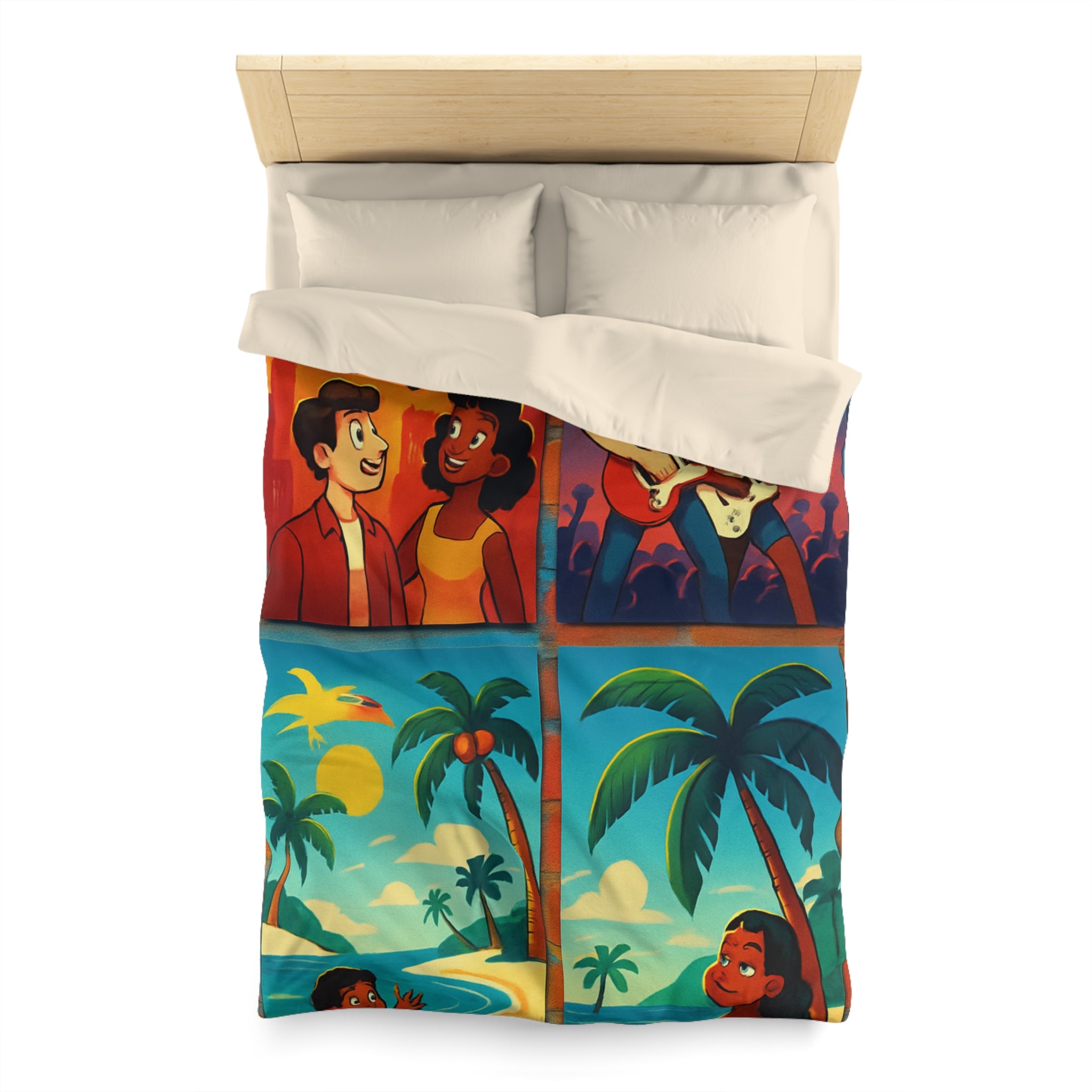Vivid Tropical Scene with Cars, Fireworks, and Joyful Festivities for Colorful Bedroom Decor