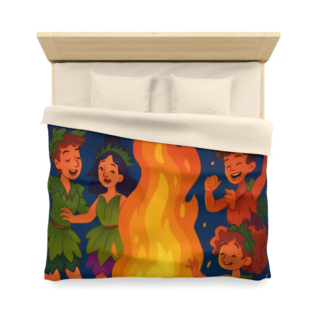 Housse de couette joyeuse autour d'un feu de camp avec enfants et raisins dansants