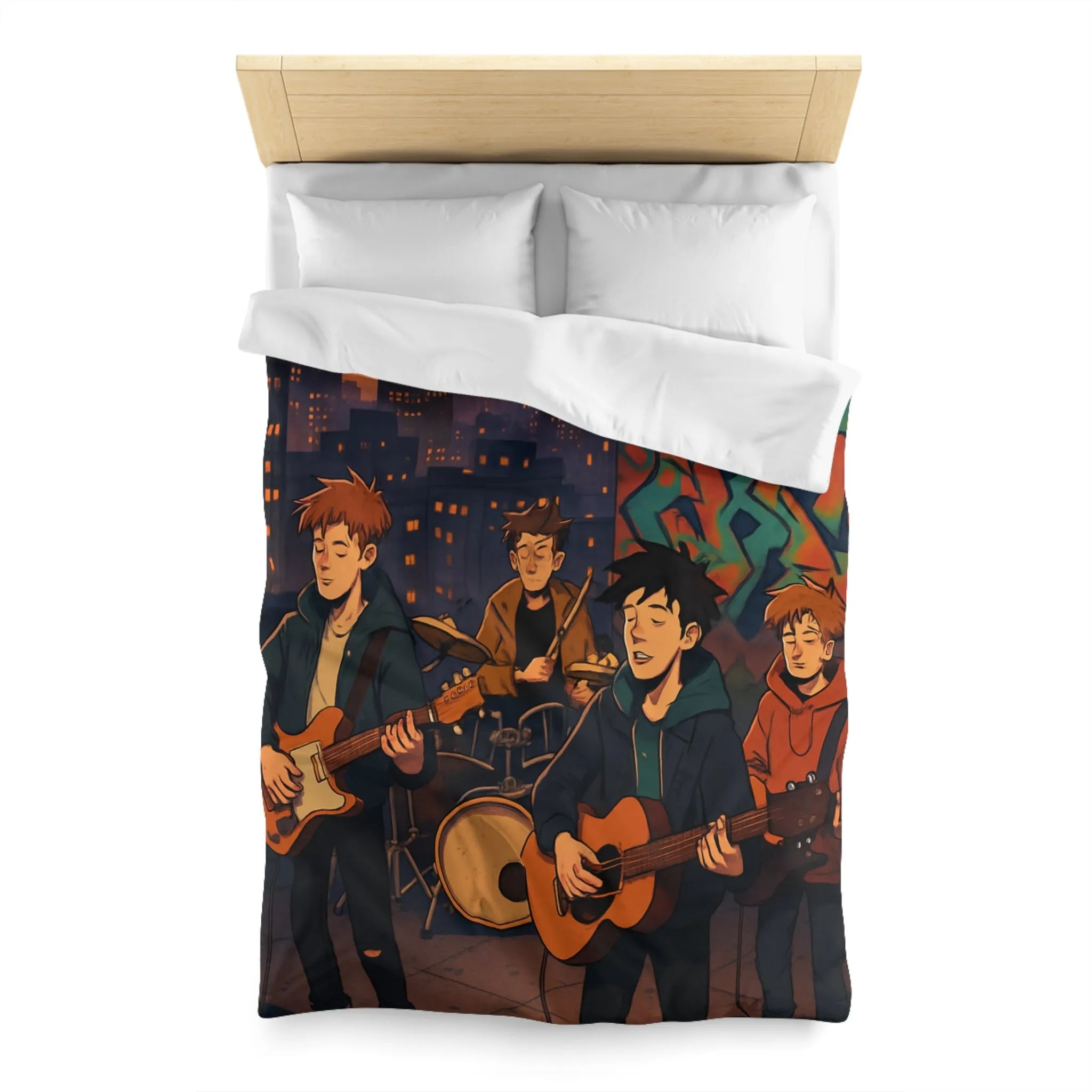 Housse de couette avec illustration de groupe jouant sur toit urbain au crépuscule