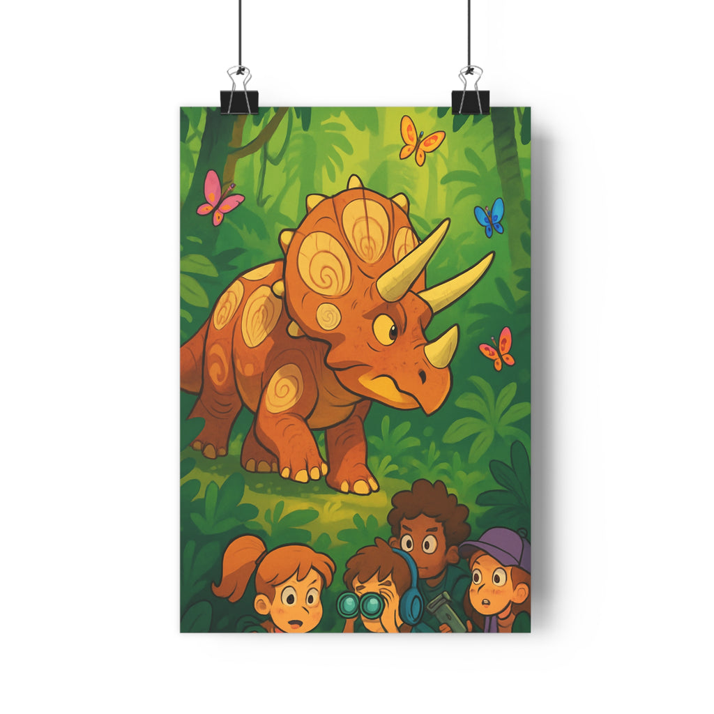Poster décoratif cartoon jungle triceratops orange vert aventure enfant chambre coloré fantastique vibrant qualité