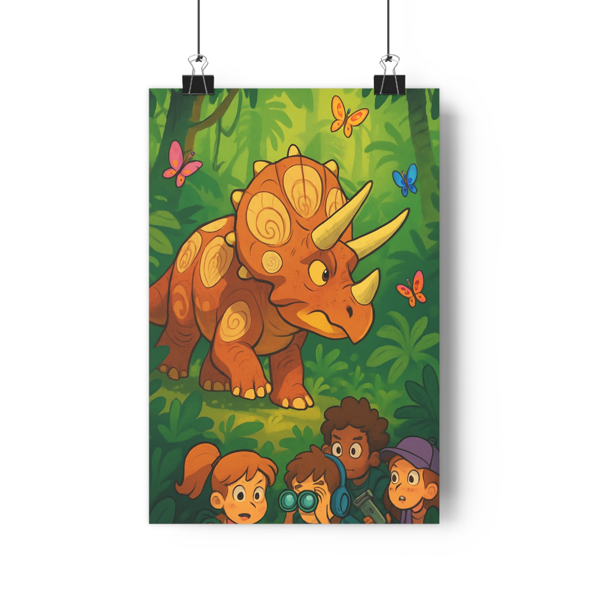 Poster décoratif cartoon jungle triceratops orange vert aventure enfant chambre coloré fantastique vibrant qualité