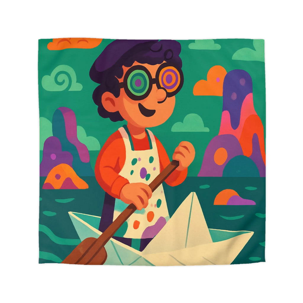 Housse de couette colorée avec artiste joyeux naviguant en bateau de papier dessin animé