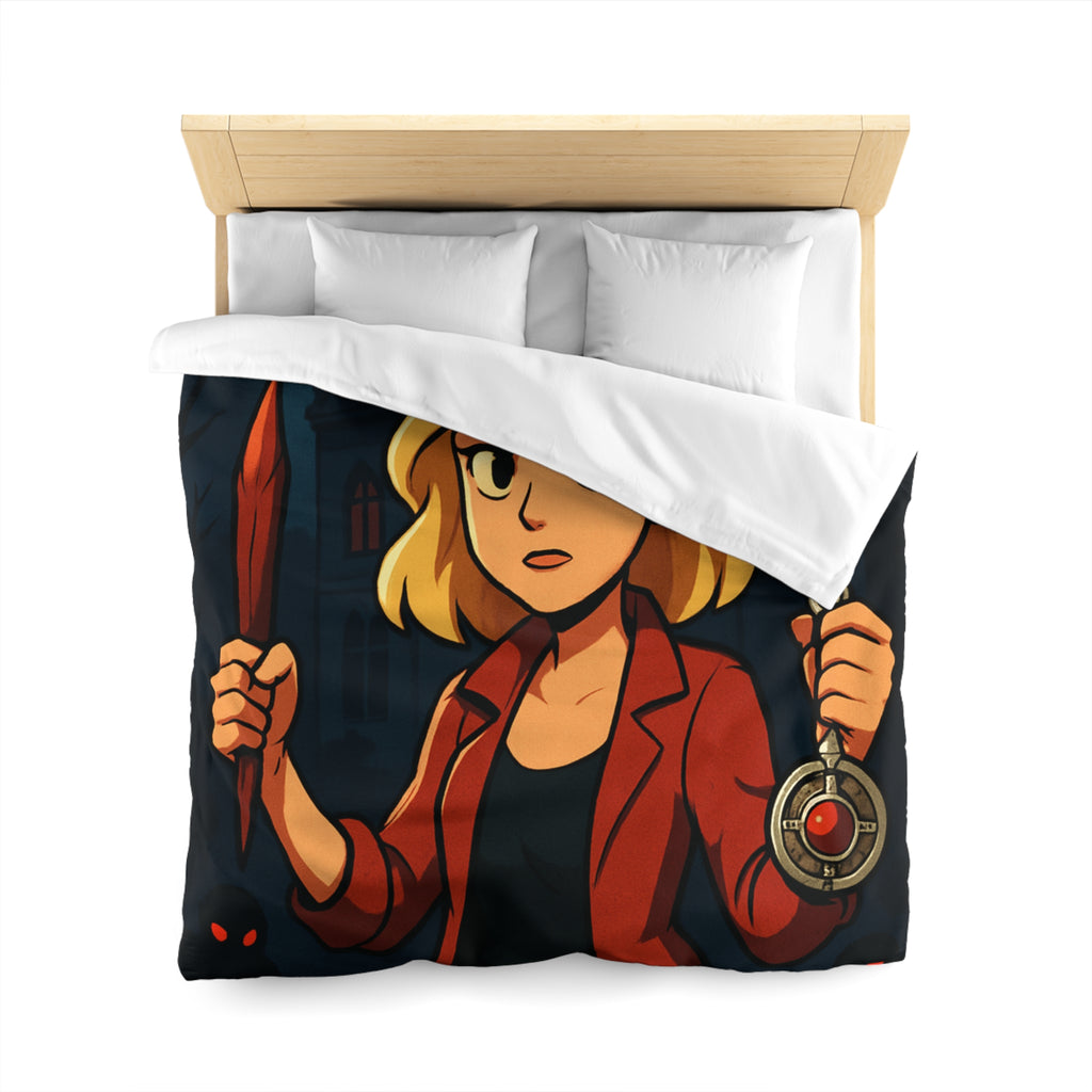 Housse de couette mystérieuse avec scène de château effrayant, pleine lune et silhouette combattive