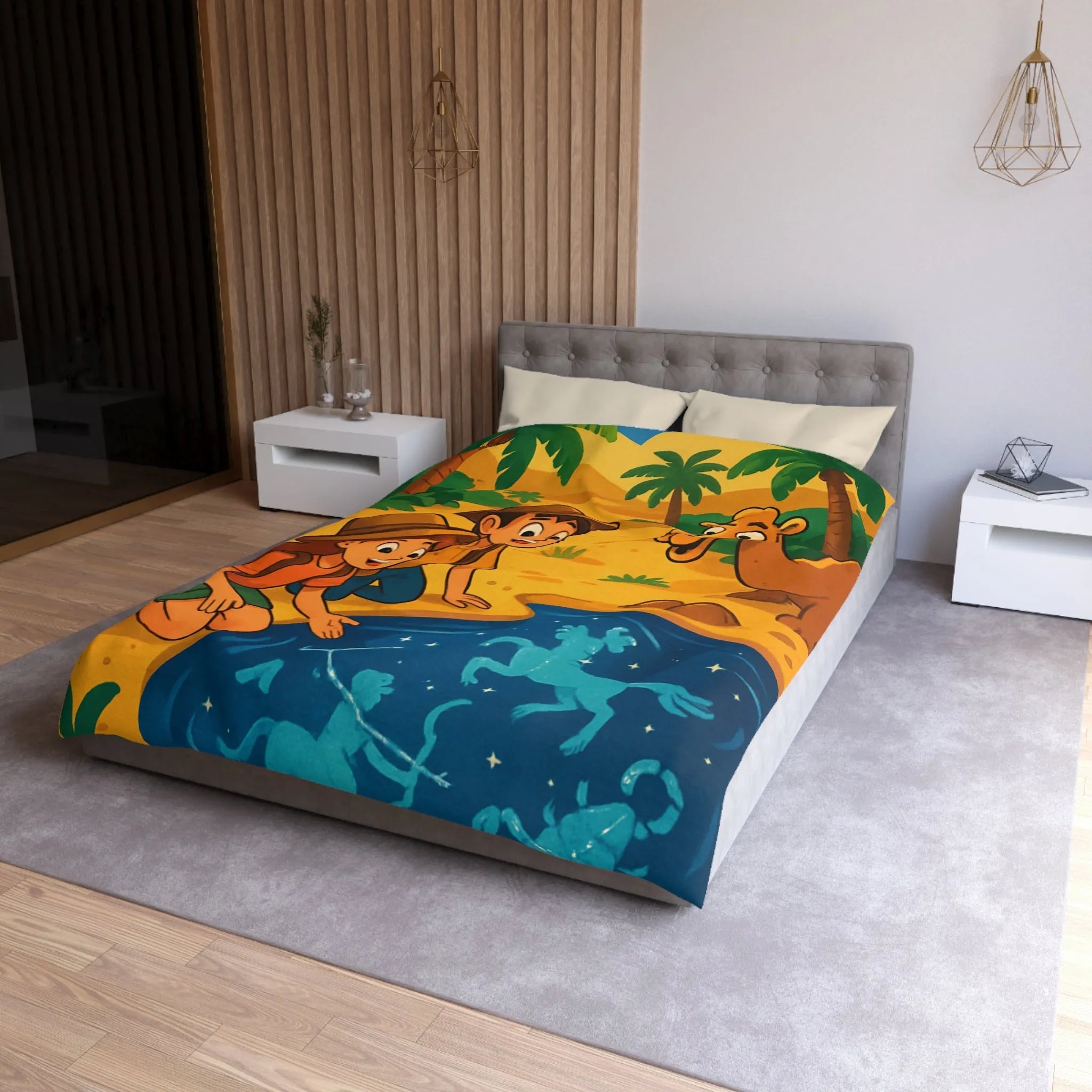 Housse de couette désert exotique enfants étoiles, animaux et aventuriers explorant oasis magique