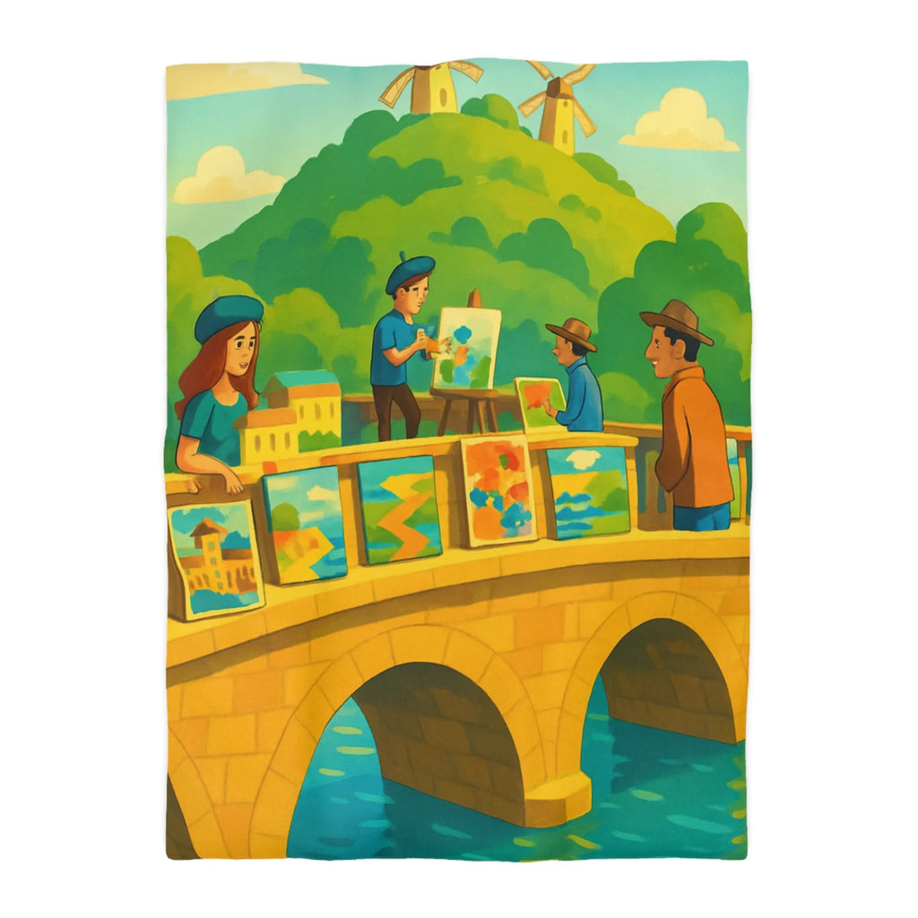 Housse de couette colorée thème pont artistique avec moulins à vent et paysage