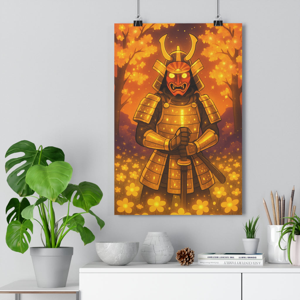 Poster décoratif samouraï art traditionnel japonais cartoon doré orange mystique salon bureau élégant 30x46