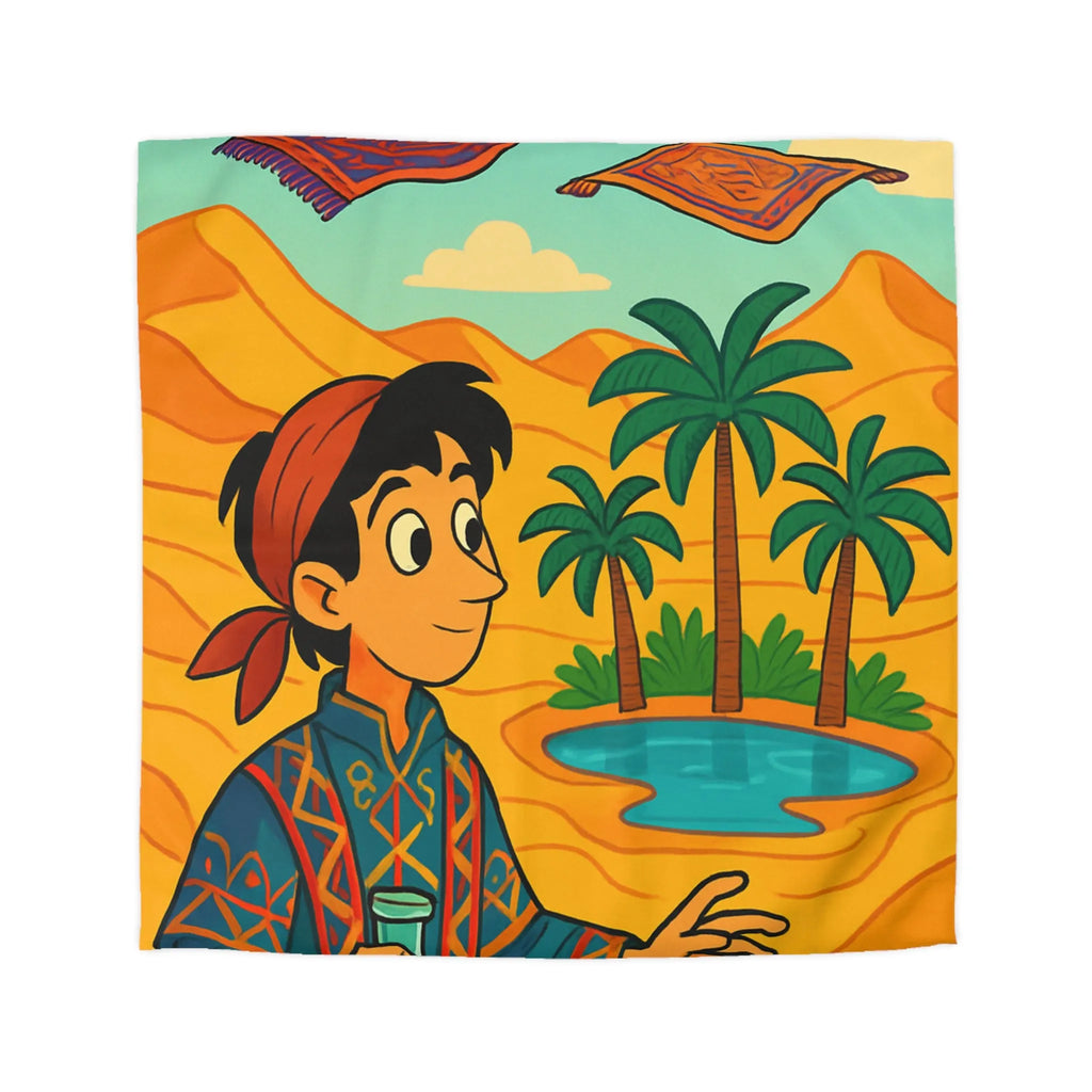 Housse de couette magique avec tapis volants et oasis sous ciel bleu désertique
