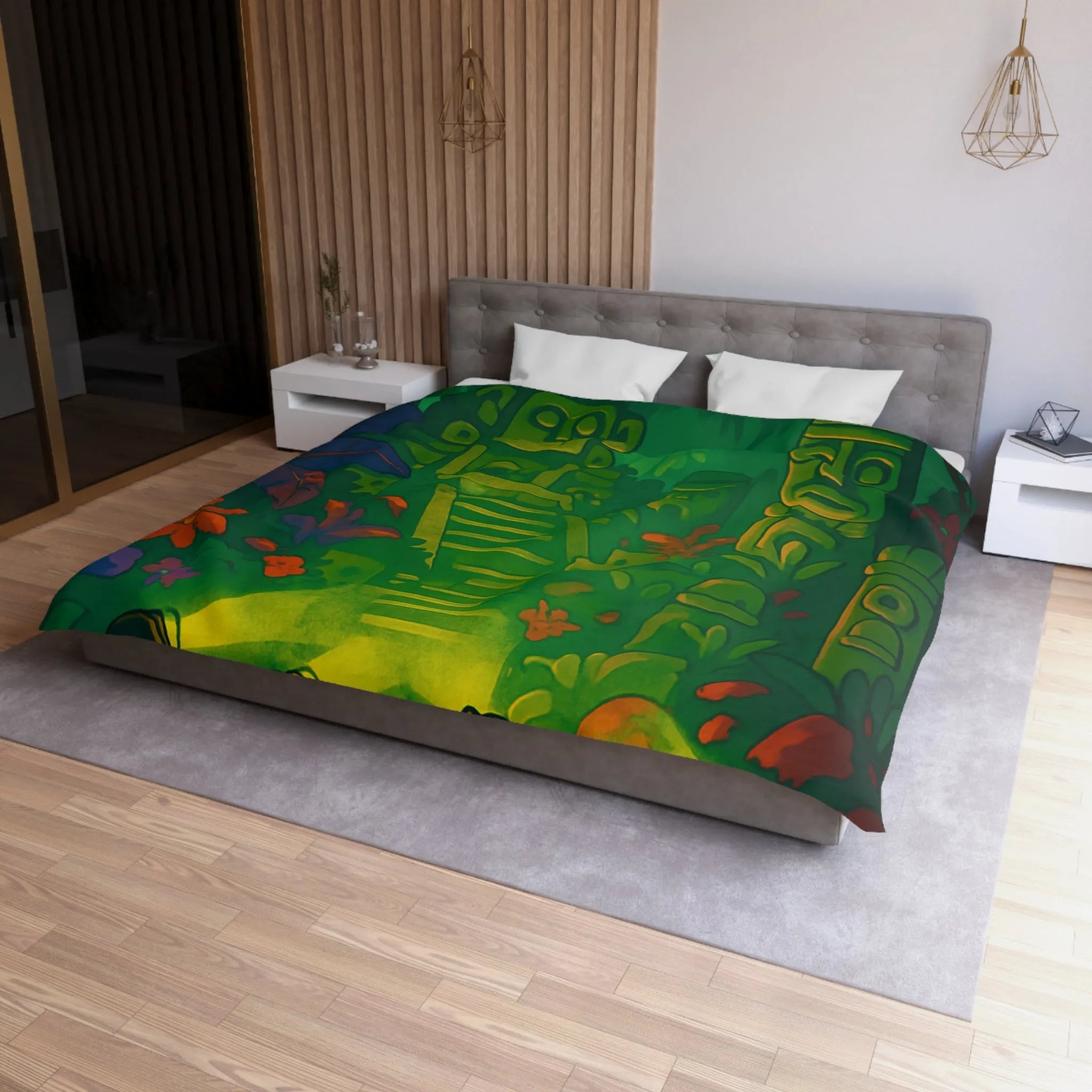 Housse de couette forêt tropicale avec statues anciennes, parfait pour les explorateurs nocturnes