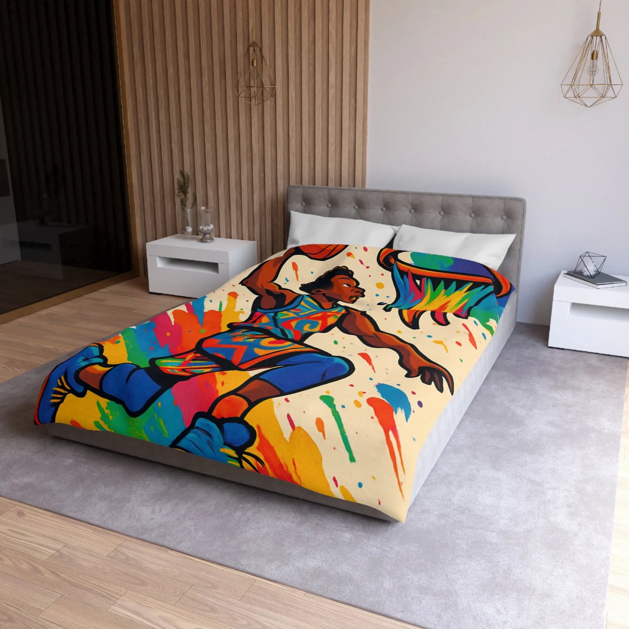 Housse de Couette Basket Éclatante : Athlete en Action avec Arc-en-Ciel Coloré