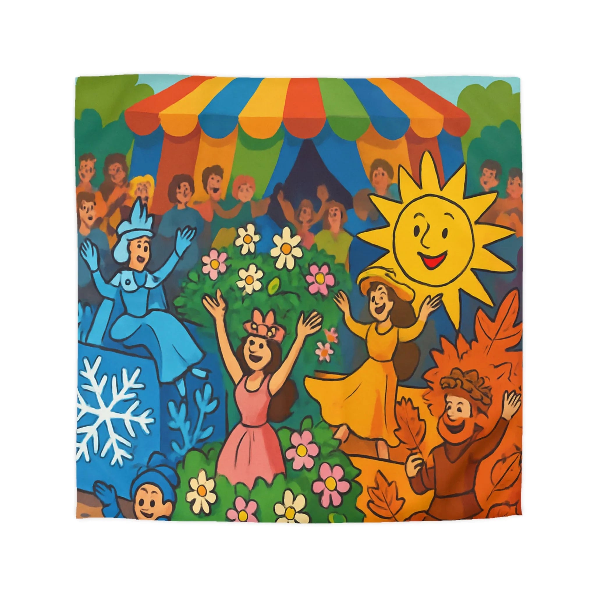 Housse de couette colorée illustrant les saisons pour chambre d'enfant joyeuse et ludique