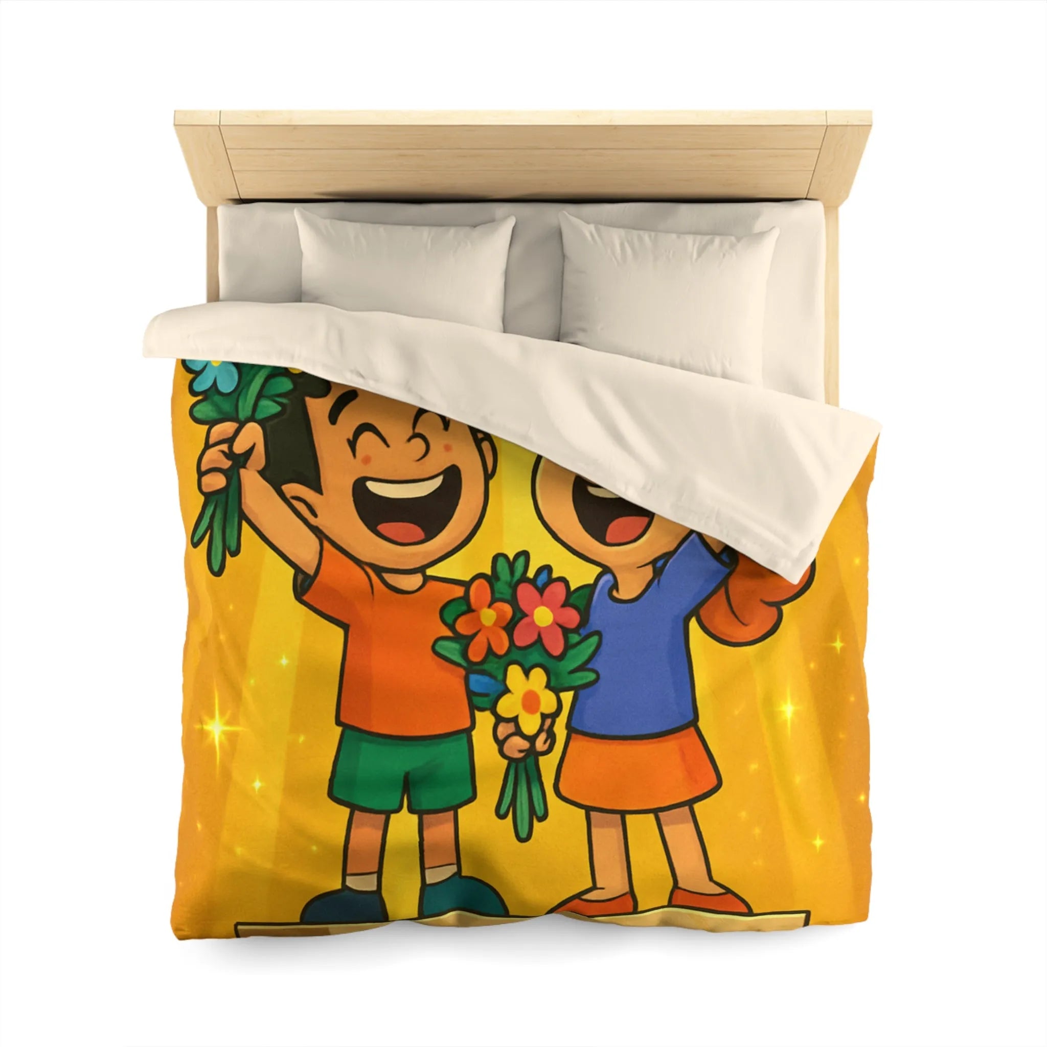 Dessin mignon d'enfants célébrant avec des bouquets de fleurs illuminés de rayons dorés