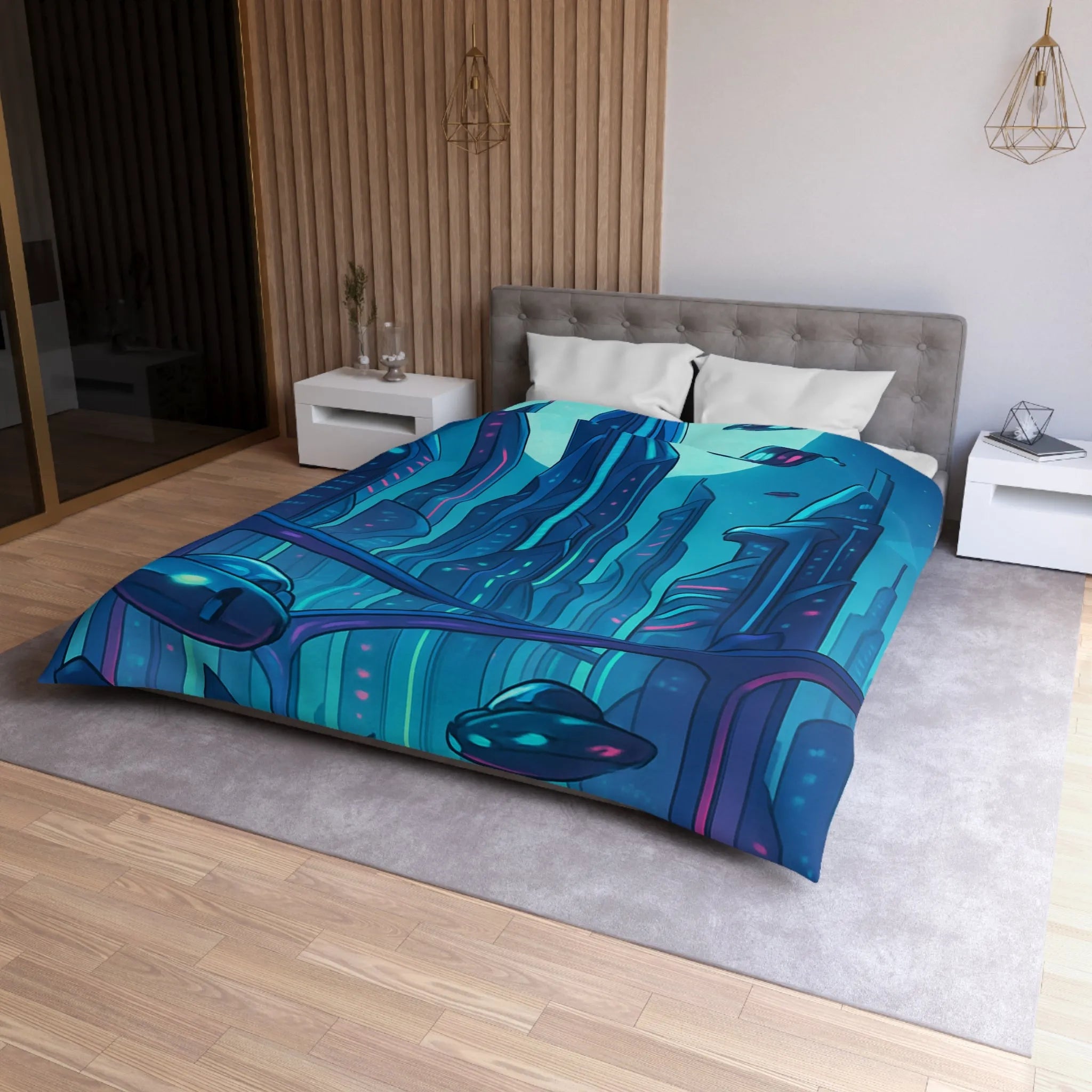 Housse de couette futuriste avec ville néon et vaisseaux spatiaux sous pleine lune