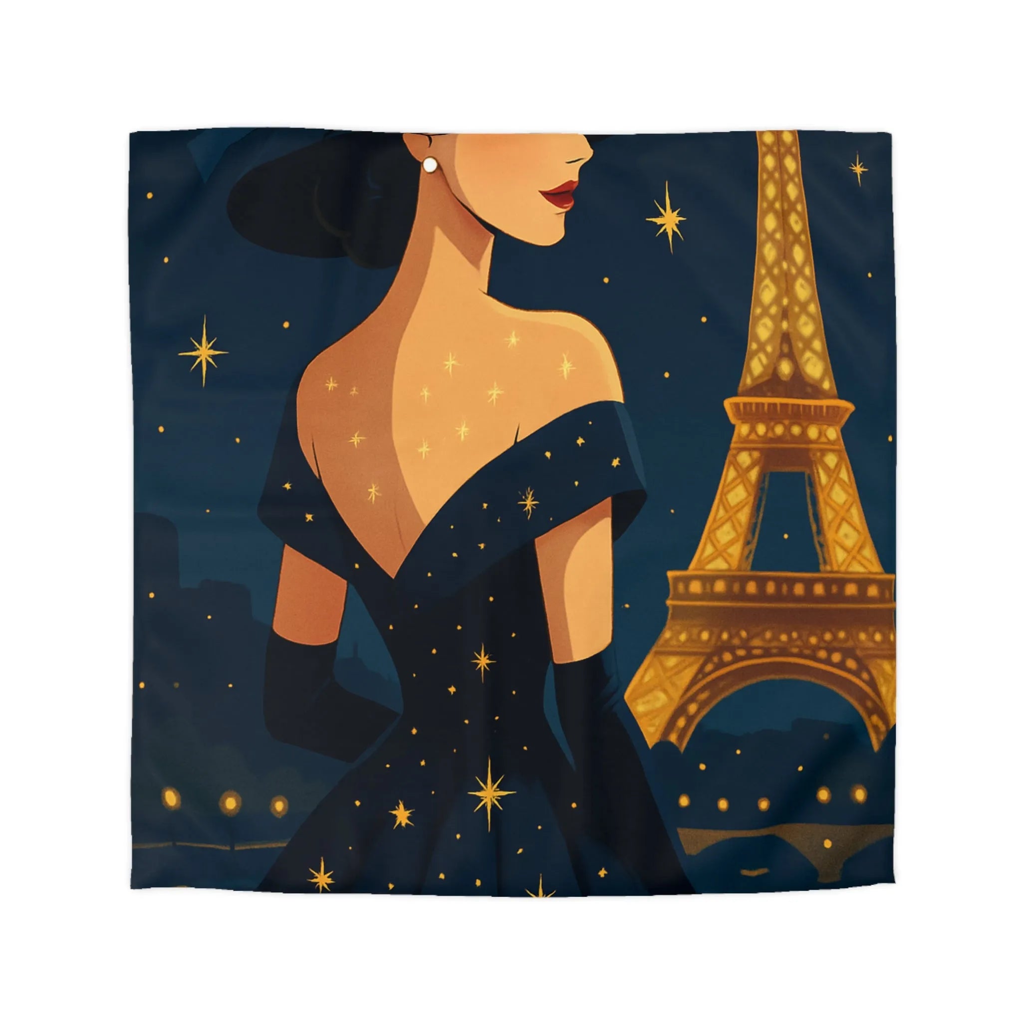 Élégante illustration nocturne femme en robe étoilée avec Tour Eiffel lumineuse