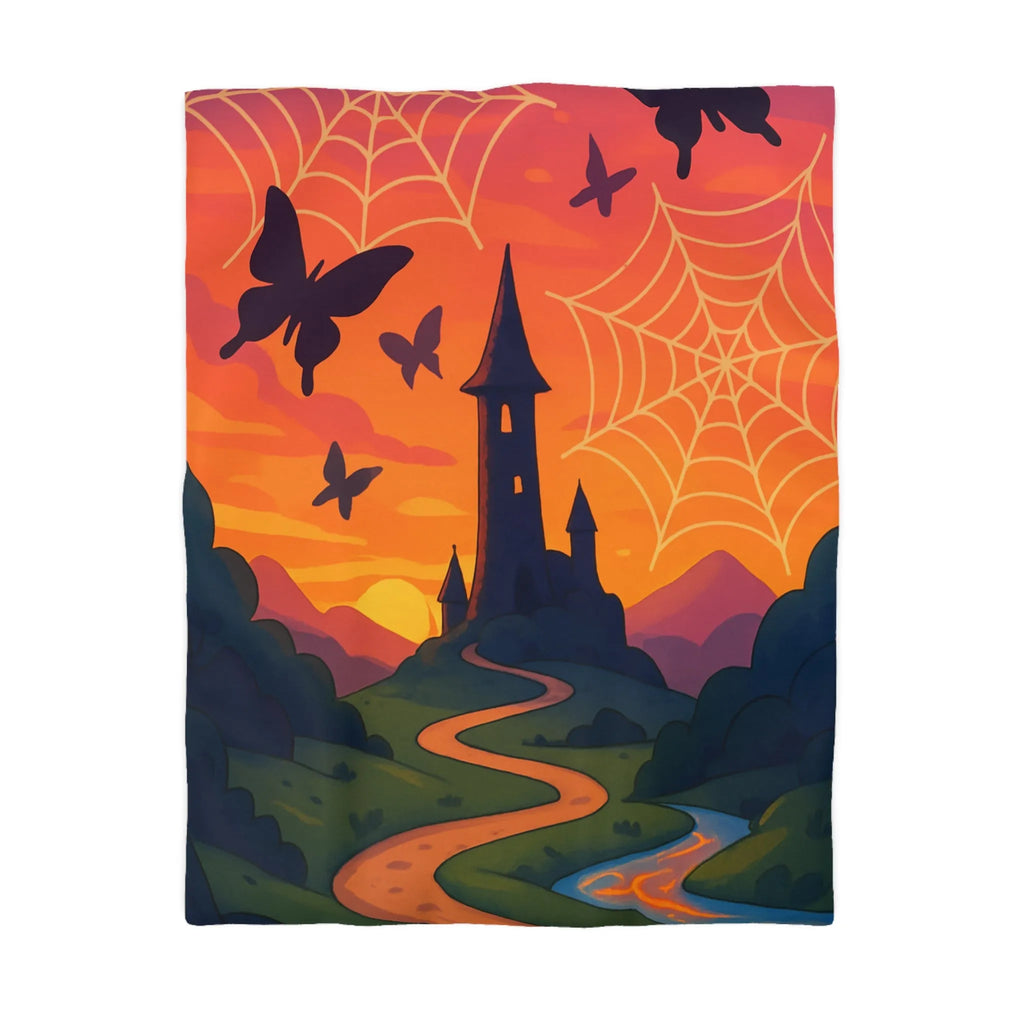 Housse de couette avec tour enchantée, papillons et toiles d'araignée au crépuscule