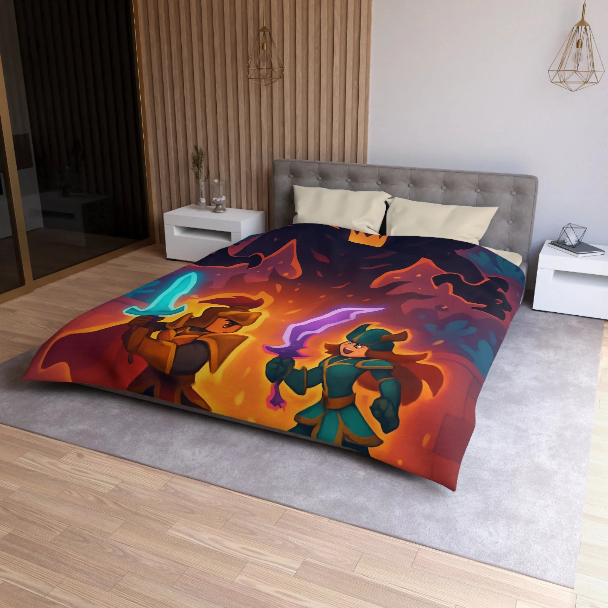 Housse de couette avec illustration fantasy de chevaliers affrontant ombre menaçante au théâtre