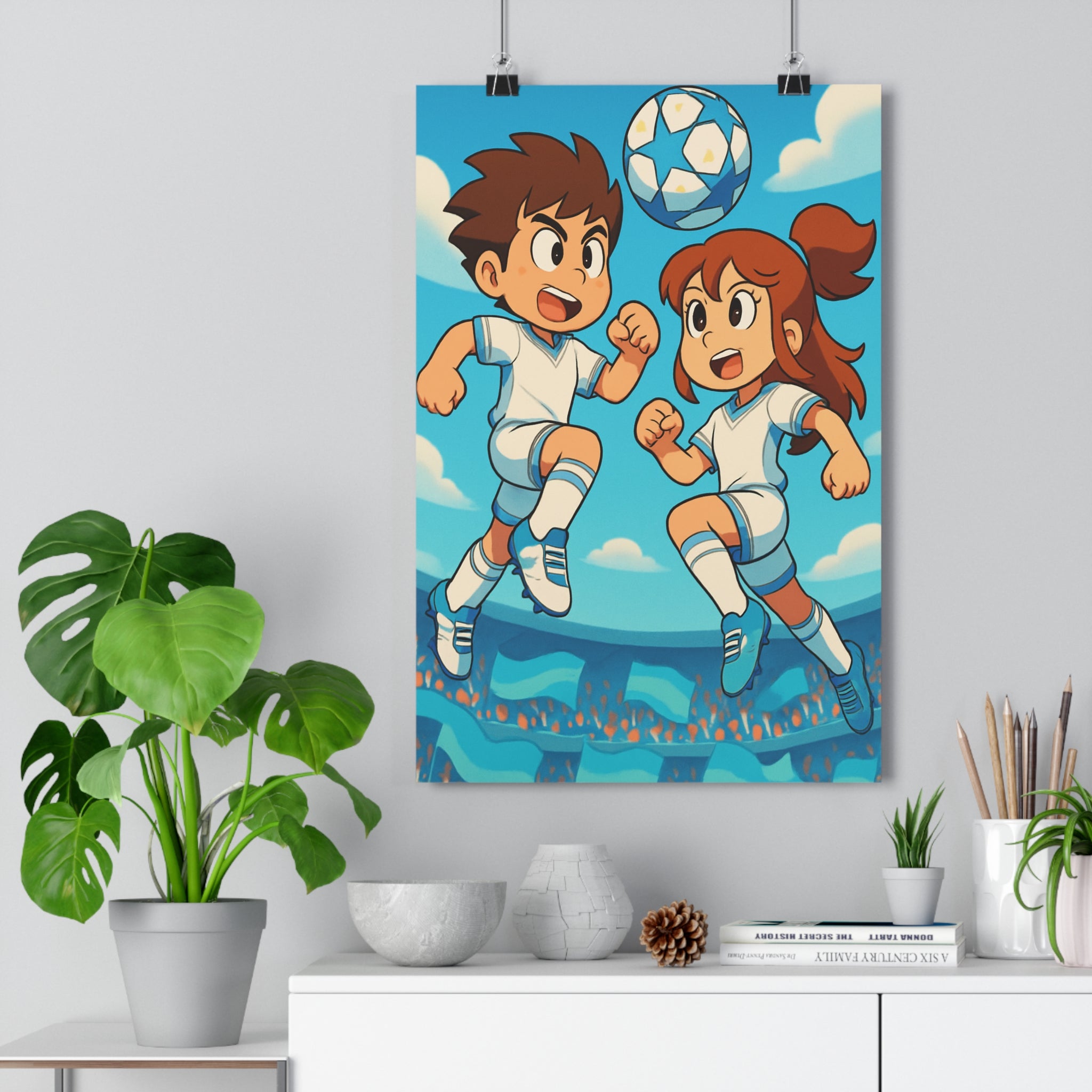 Poster décoratif dynamique football enfants coloré blanc bleu moderne chambre salon sport énergie jeunes