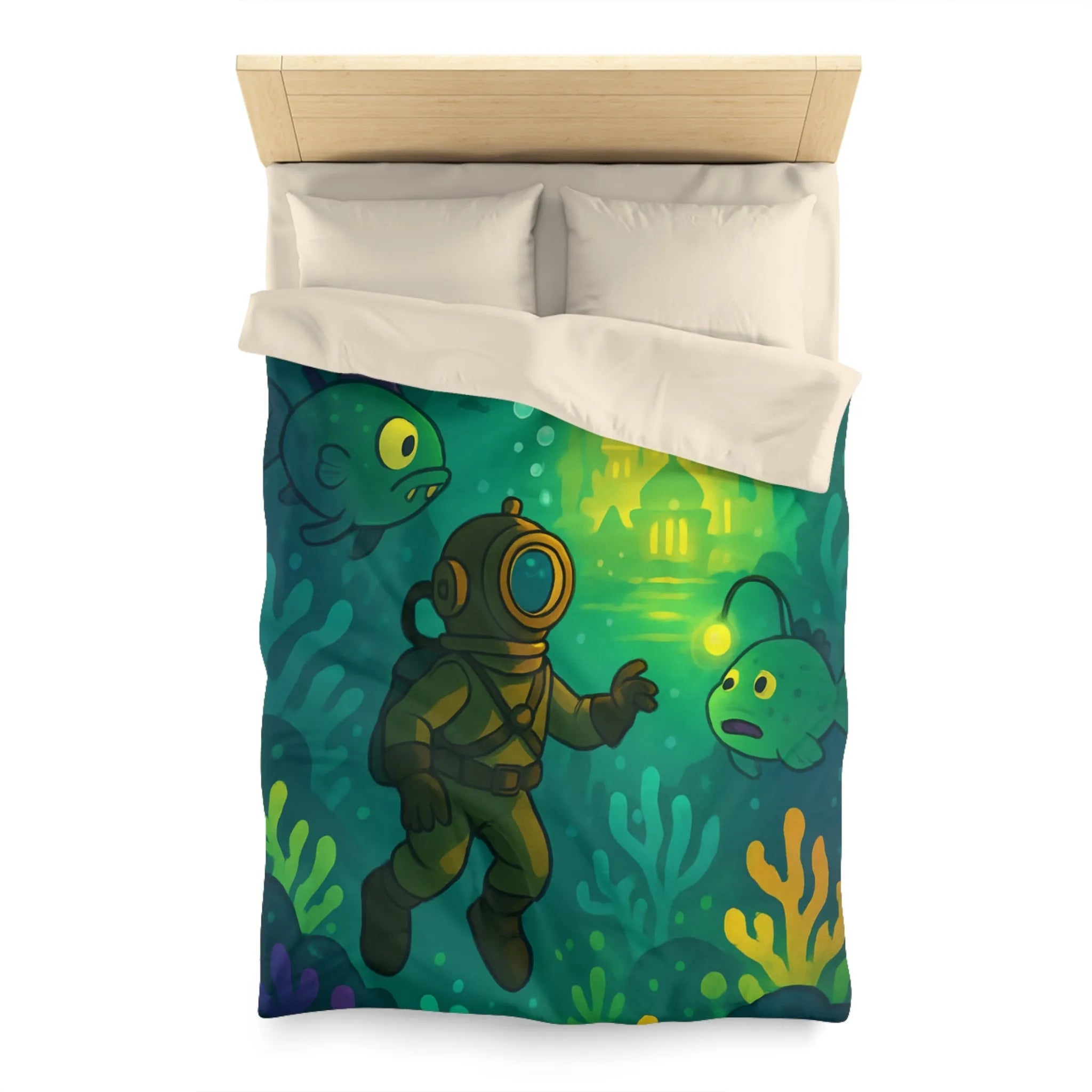 Décor de lit avec scaphandrier et poissons lumineux dans une cité sous-marine fantastique