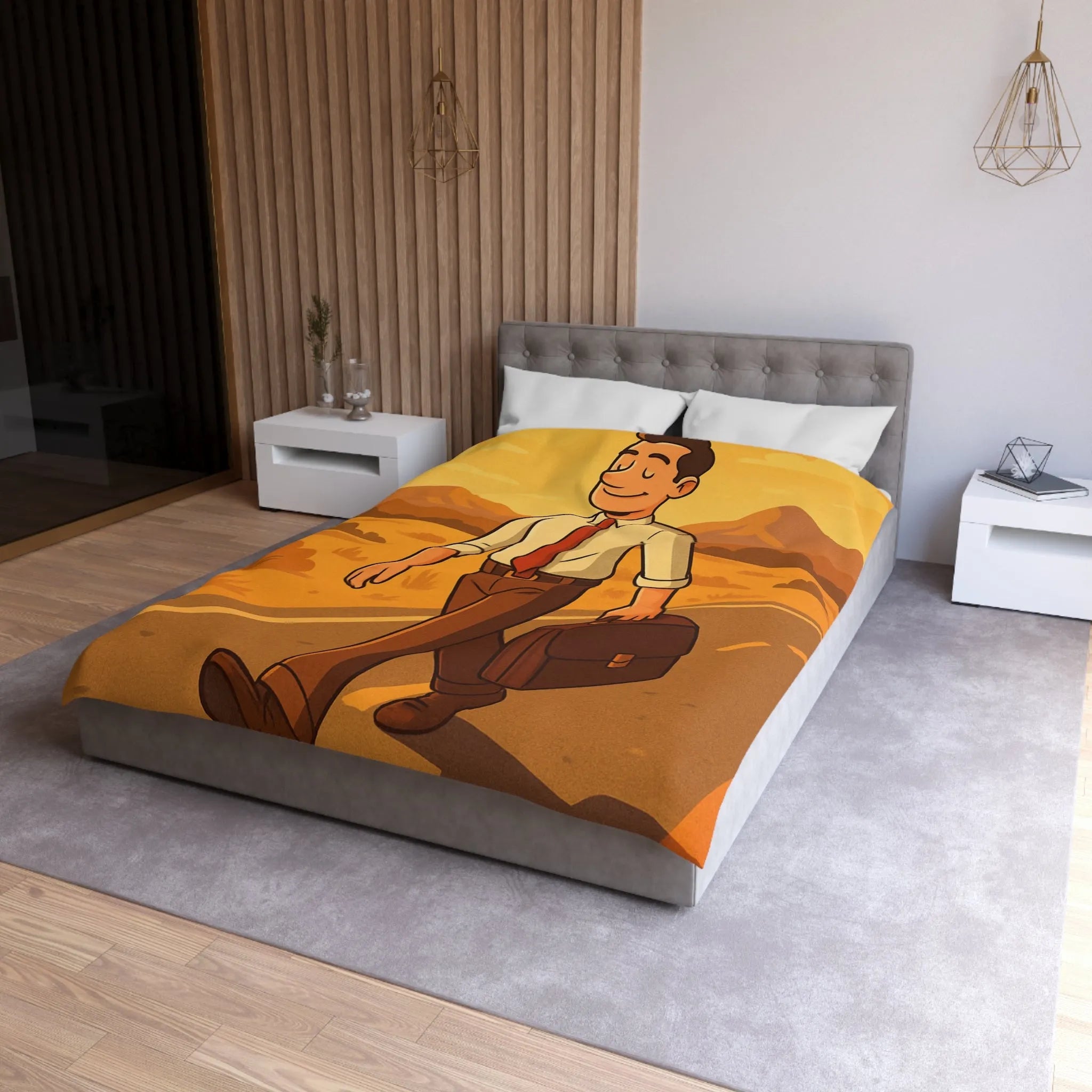 Housse de couette avec illustration d'homme marchant au coucher du soleil style rétro