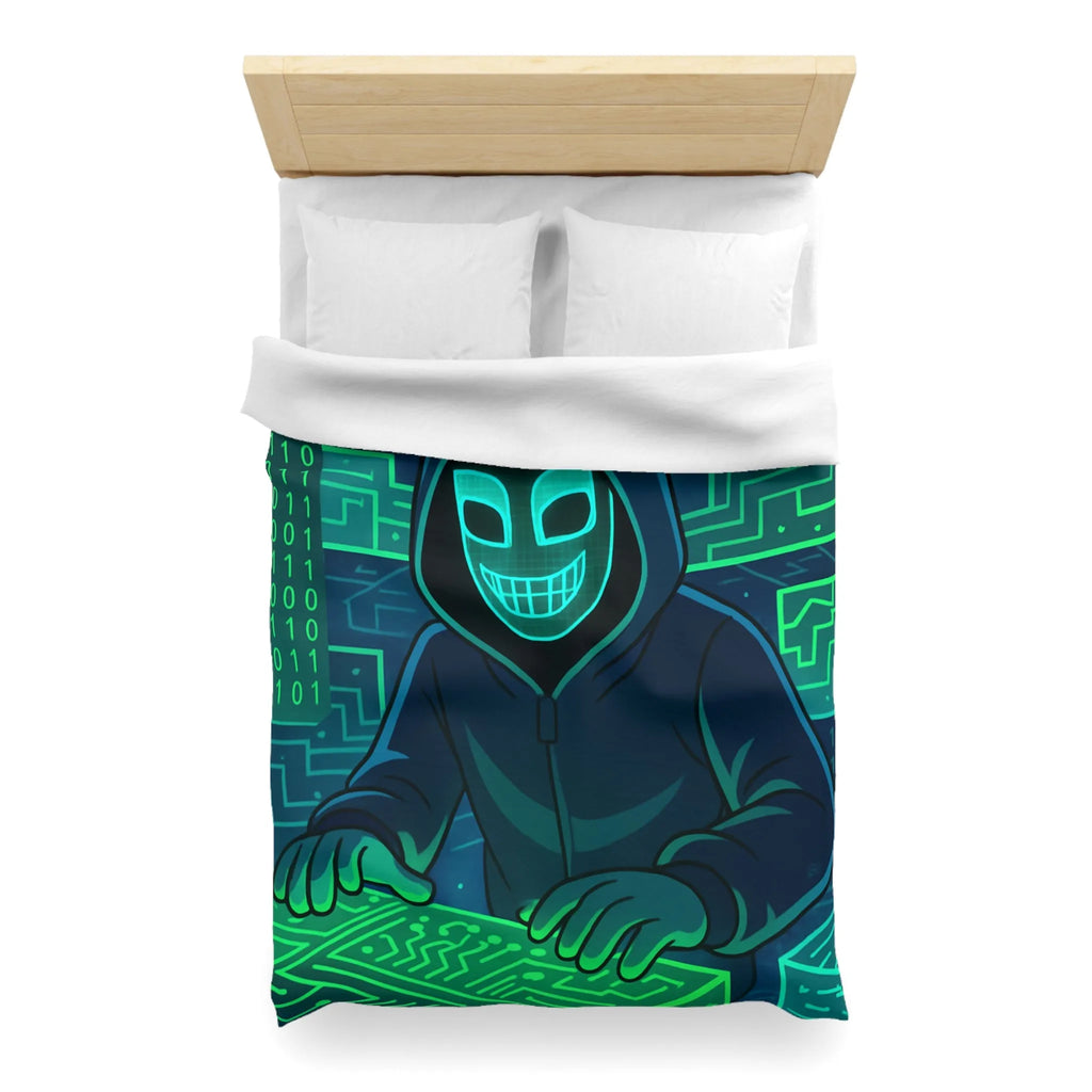 Housse de couette cyberpunk avec motif de hacker masqué et circuit numérique lumineux