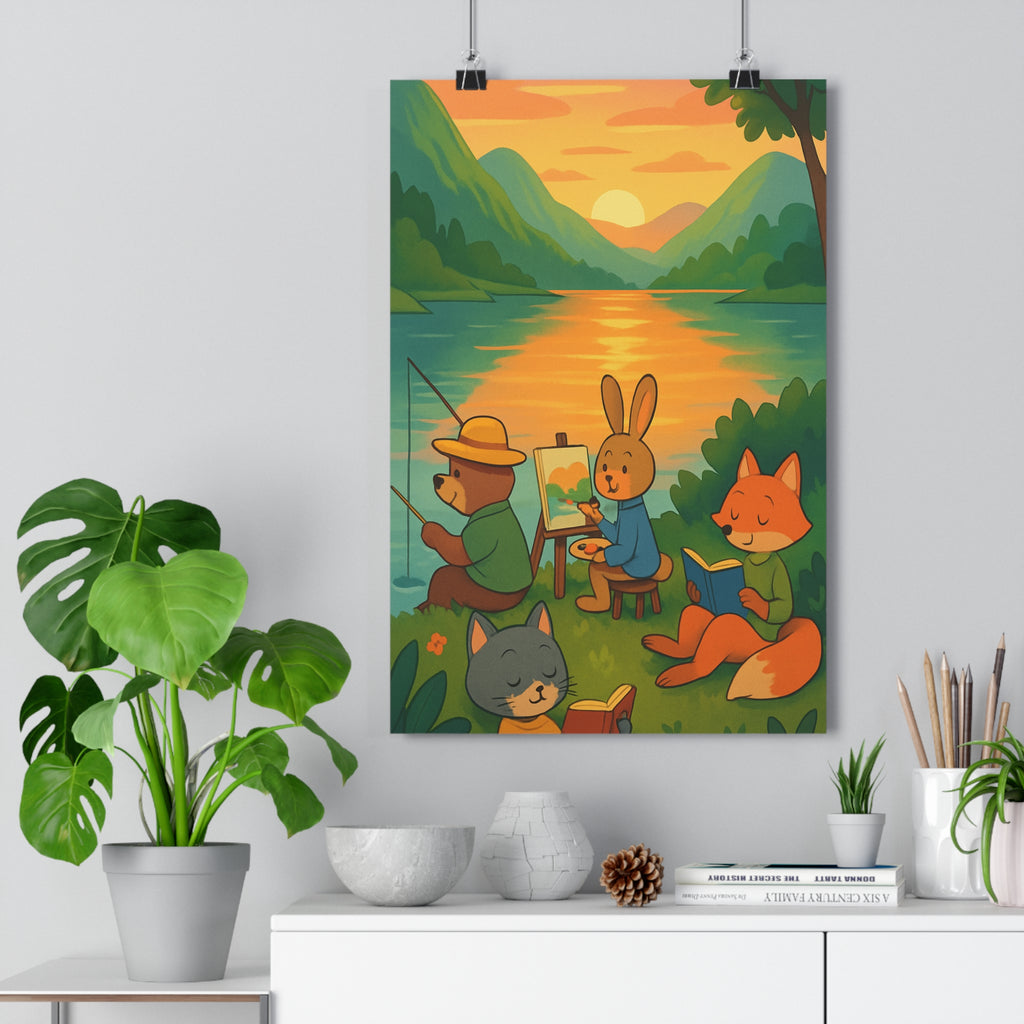 Poster décoratif paysage nature pastel coucher soleil animaux lecture calme salon chambre bureau qualité